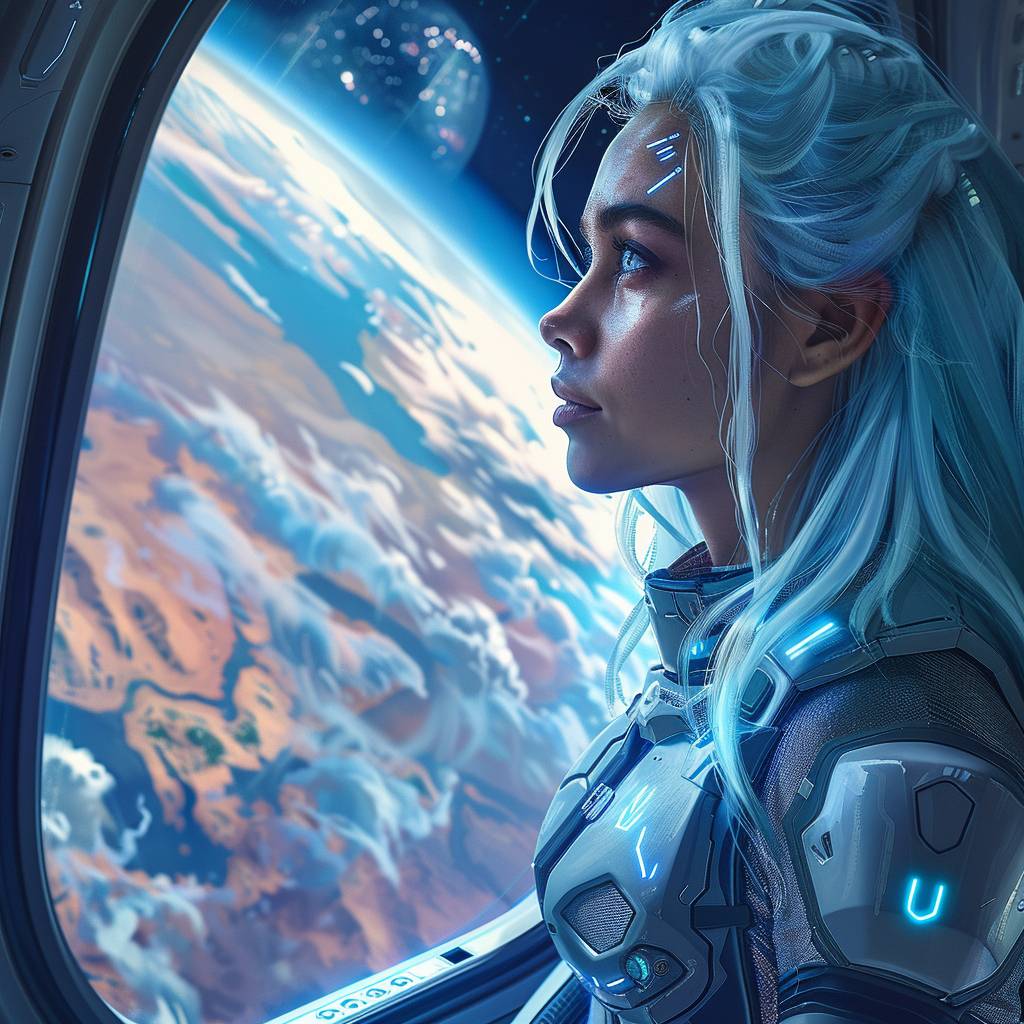 A futuristic commander with icy blue hair and a reflective suit, aboard a space station orbiting a vibrant alien planet. The viewports show a breathtaking panorama of the planet below, her gaze contemplative as she plans her next move. Space opera style, highest quality illustrations, beautiful digital art, detailed facial features, realistic, best resolution