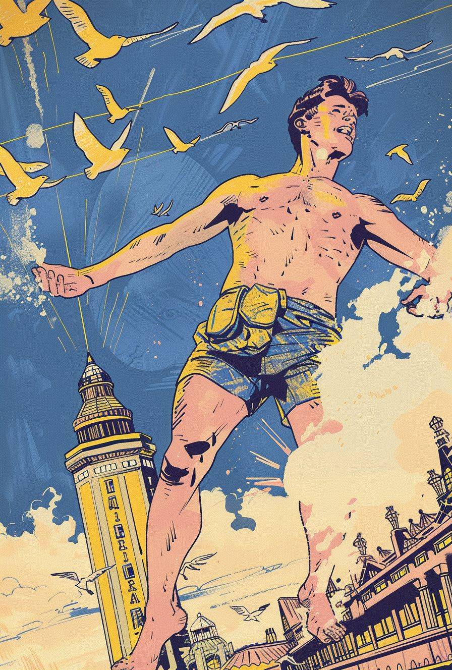 Kevin Warhol is the star of a stylised 1920's art deco comic strip, custard yellow and navy blue with a few pops of pink, pen on paper, detailed, vivid and crisp. Flying DALEKS and robot seagulls are in the sky, they are invading Fleetwood, Lancashire. The 18 year old gymnast Kevin Warhol is wearing tight swimming trunks at the top of The Mount Pavilion in Fleetwood, Lancashire. The flying Daleks are shooting smog at Kevin Warhol. The Pharos Lighthouse in Fleetwood, Lancashire alongside The Blackpool Tower is an impactful silhouette in front of the sunset with a fantastical entertainment centre at the bottom of the building. Kevin Warhol is the prominant image and the hero of this comic strip, he has detailed and intense facial features.