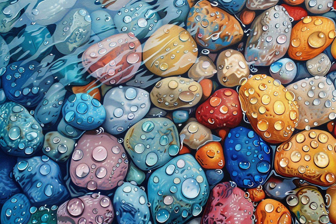 Digital vector illustration painting of water drops on pure [COLOR/S] pebbles, oil painting --ar 3:2 --stylize 300