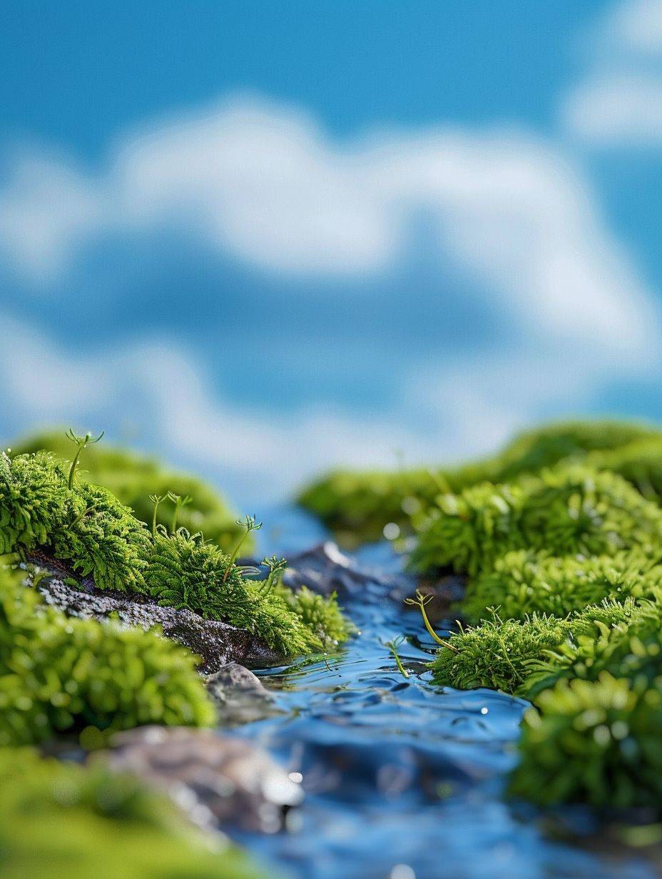 Macro photography, several pieces of dense moss, blue sky background, interspersed with some water, high-definition map, real scene map