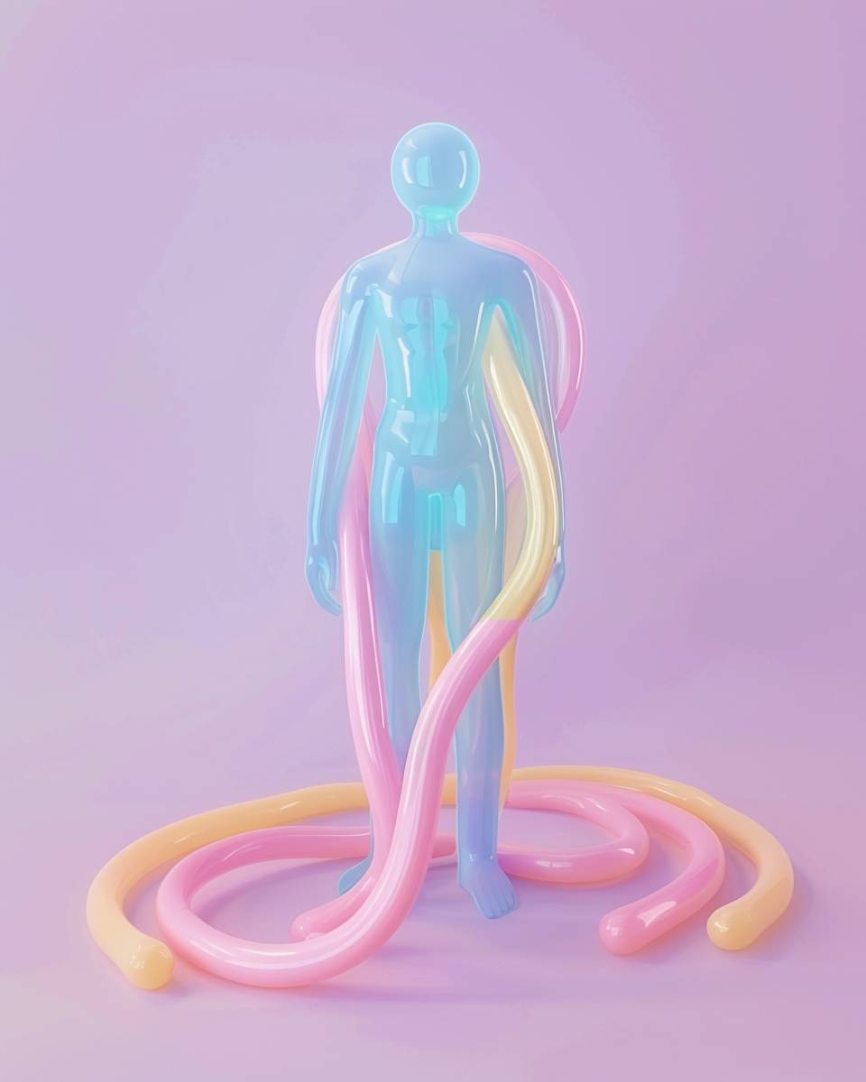 Human character made from long balloons, simple, flat, 3D long balloons, 3D render, human pose, pastel, vibrant colors