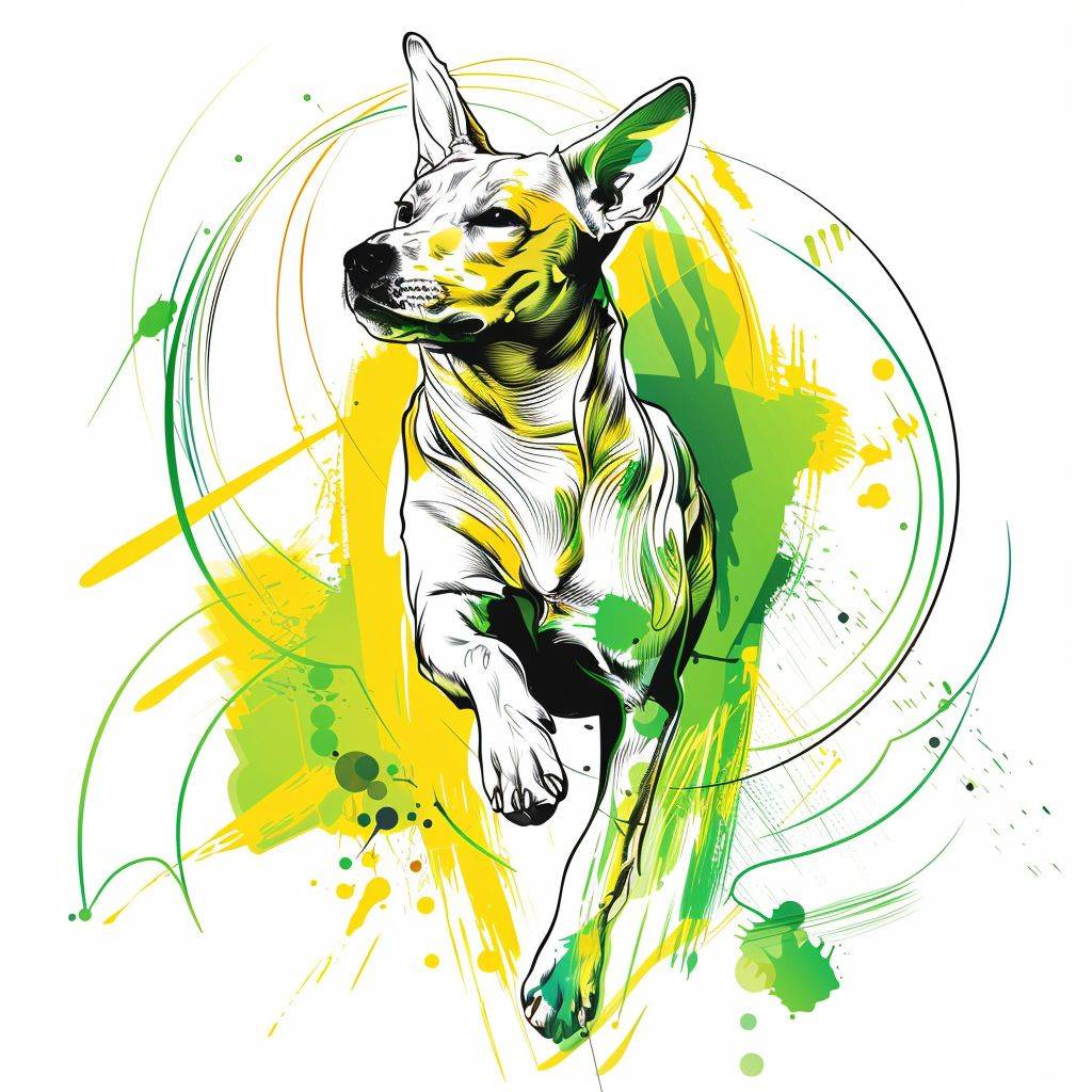 Dog in simple line art, dynamic poses, vibrant green and yellow, playful color splashes, joyful atmosphere, vector illustration, isolated graphics, white background