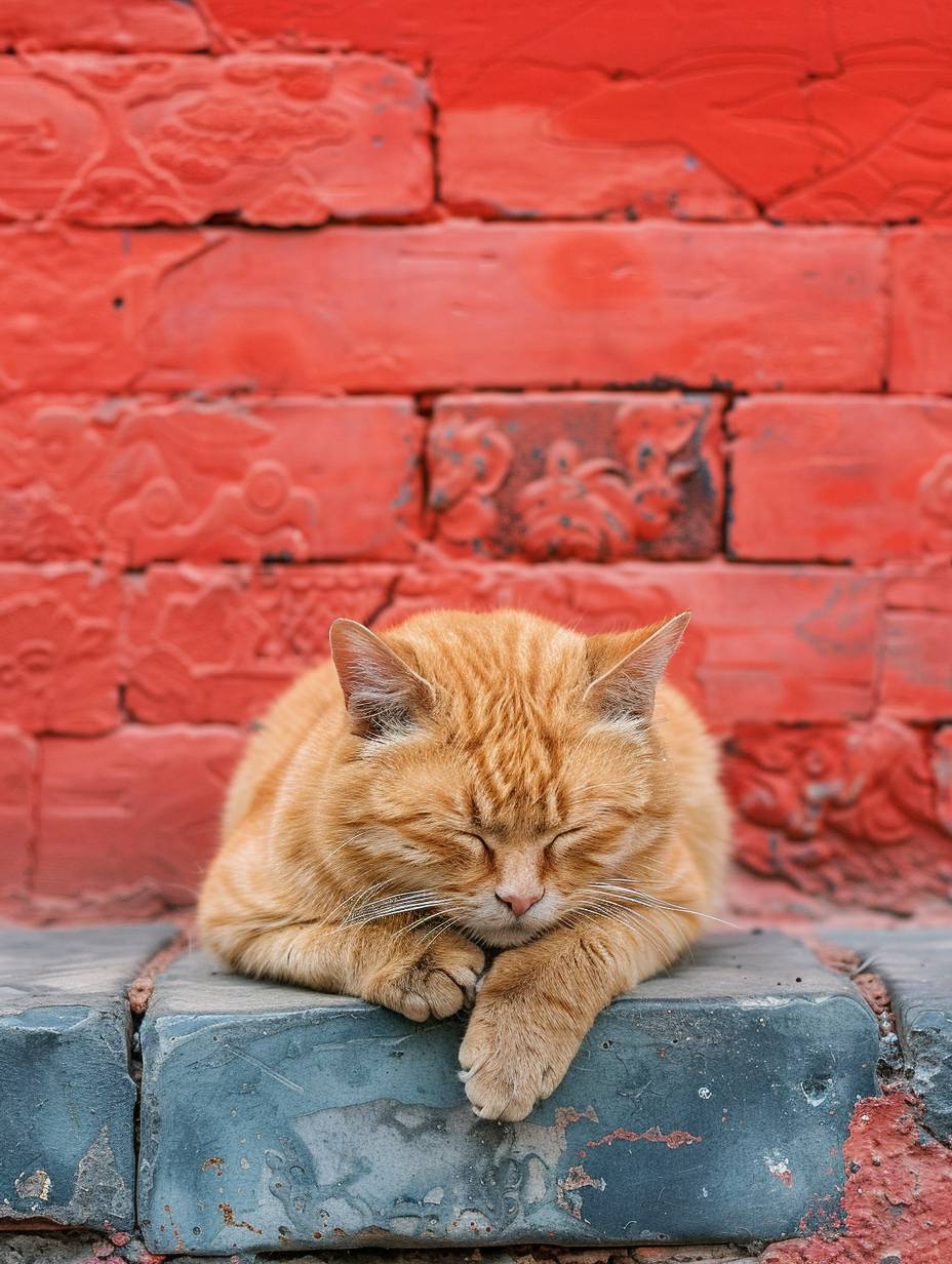 正面撮影、ペット写真、シャオロンチョン、太ったオレンジの猫が寝そべっている様子、頭を傾けて、ボールのように太って、背景に赤い宮殿の壁の上に、フカフカ、とてもかわいい、シンプルな青空、新しい中国風、中国のシンプルで禅風スタイル、エレガントでレトロ