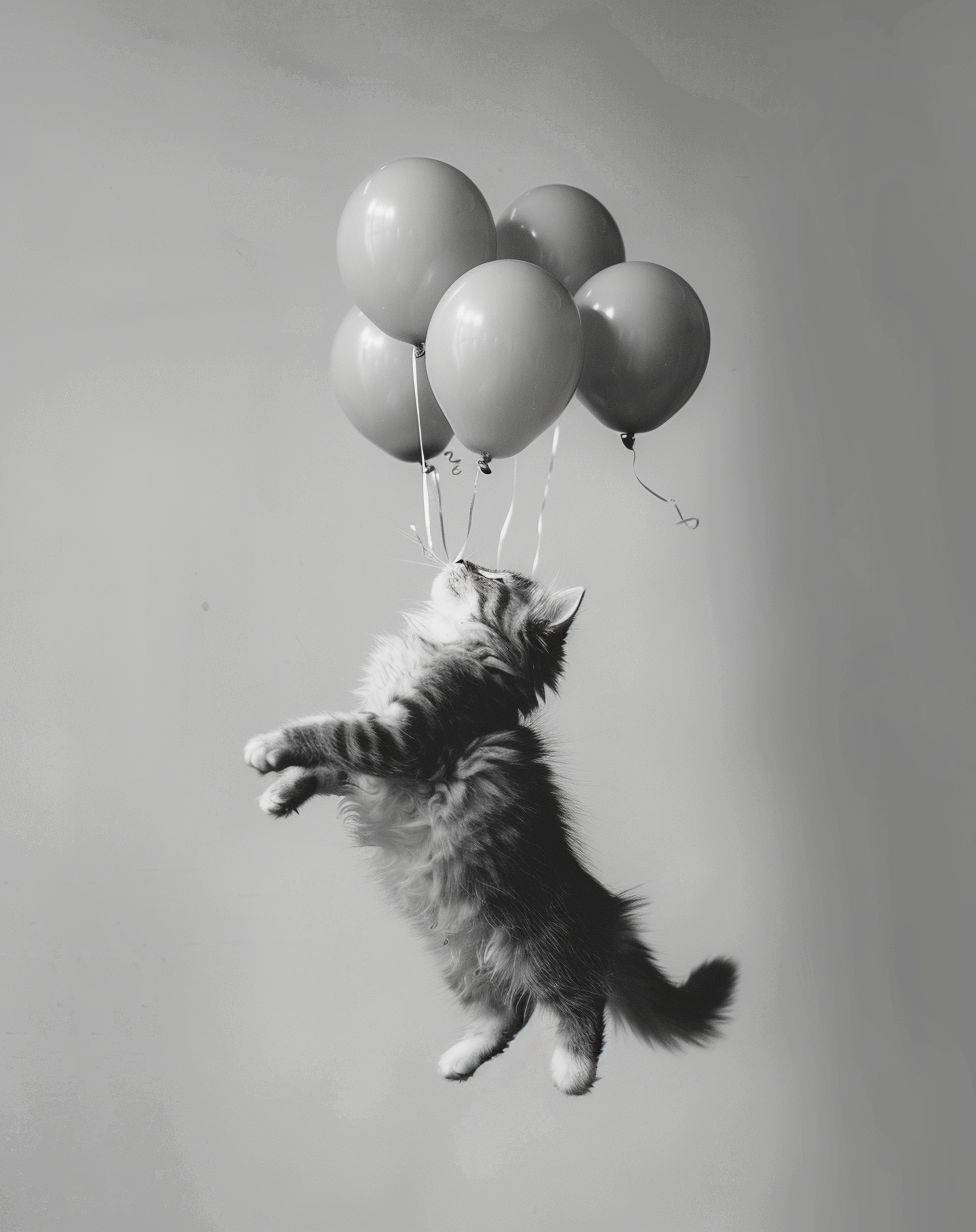 風船で飛ぶ猫が浮かんでいる、ミニマリスト、白い背景、広告写真のスタイル。
