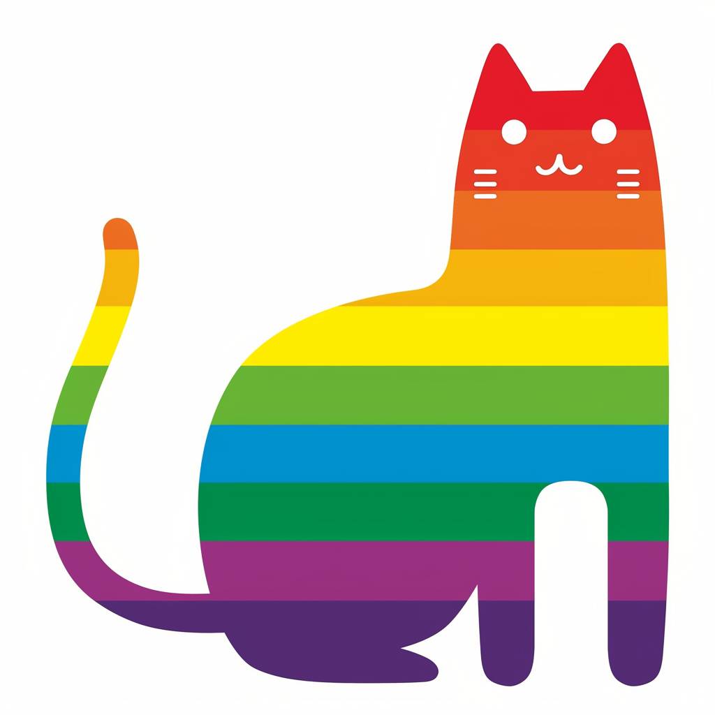 Allie Broshのスタイルで、白い背景に虹の猫のシンプルなベクトルロゴ