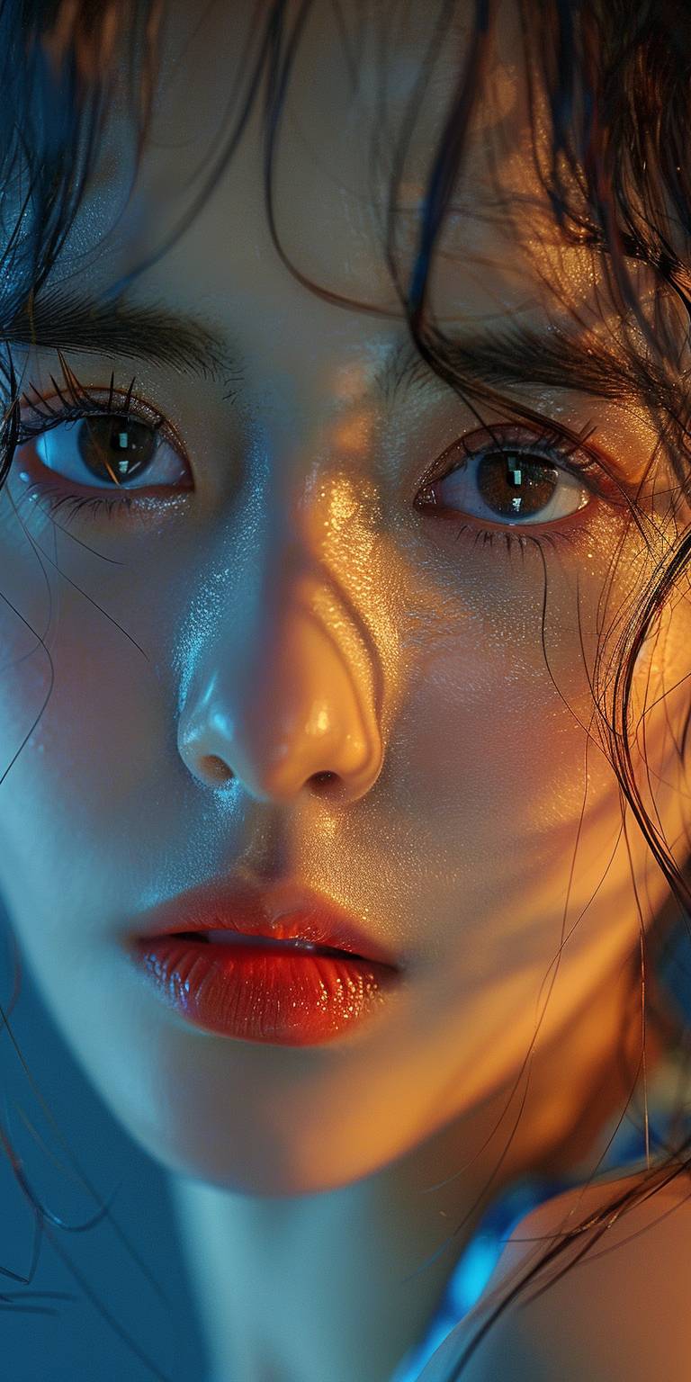 Extreme close-up of a Korean woman, 20-25 years old, in the style of Asian beauty standards, photorealistic, shot with Sony Alpha a7R IV 35mm f/5.6 --ar 1:2 --style raw --stylize 750 --v 6.0