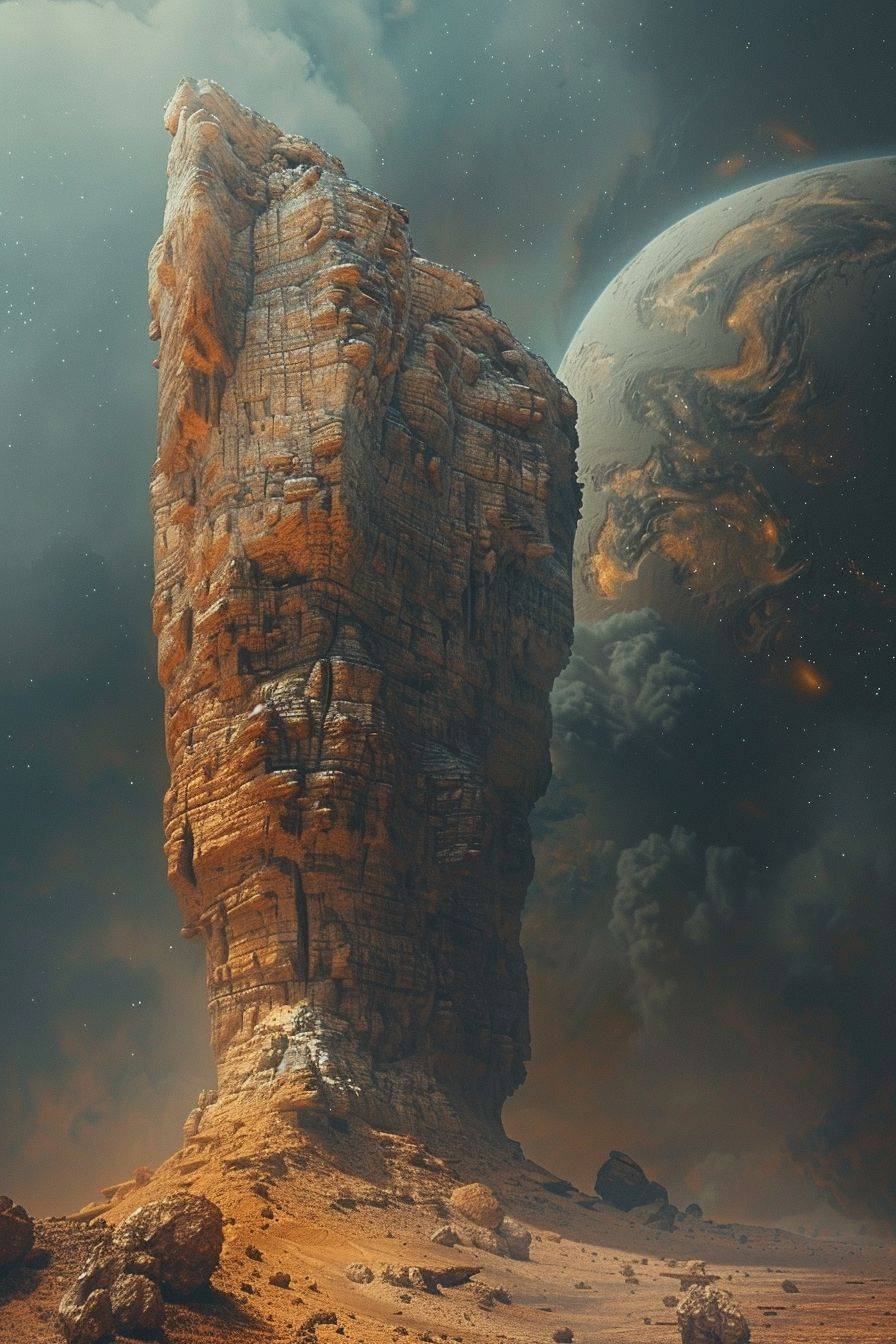 A surreal object standing on another planet surrounded by strange nature