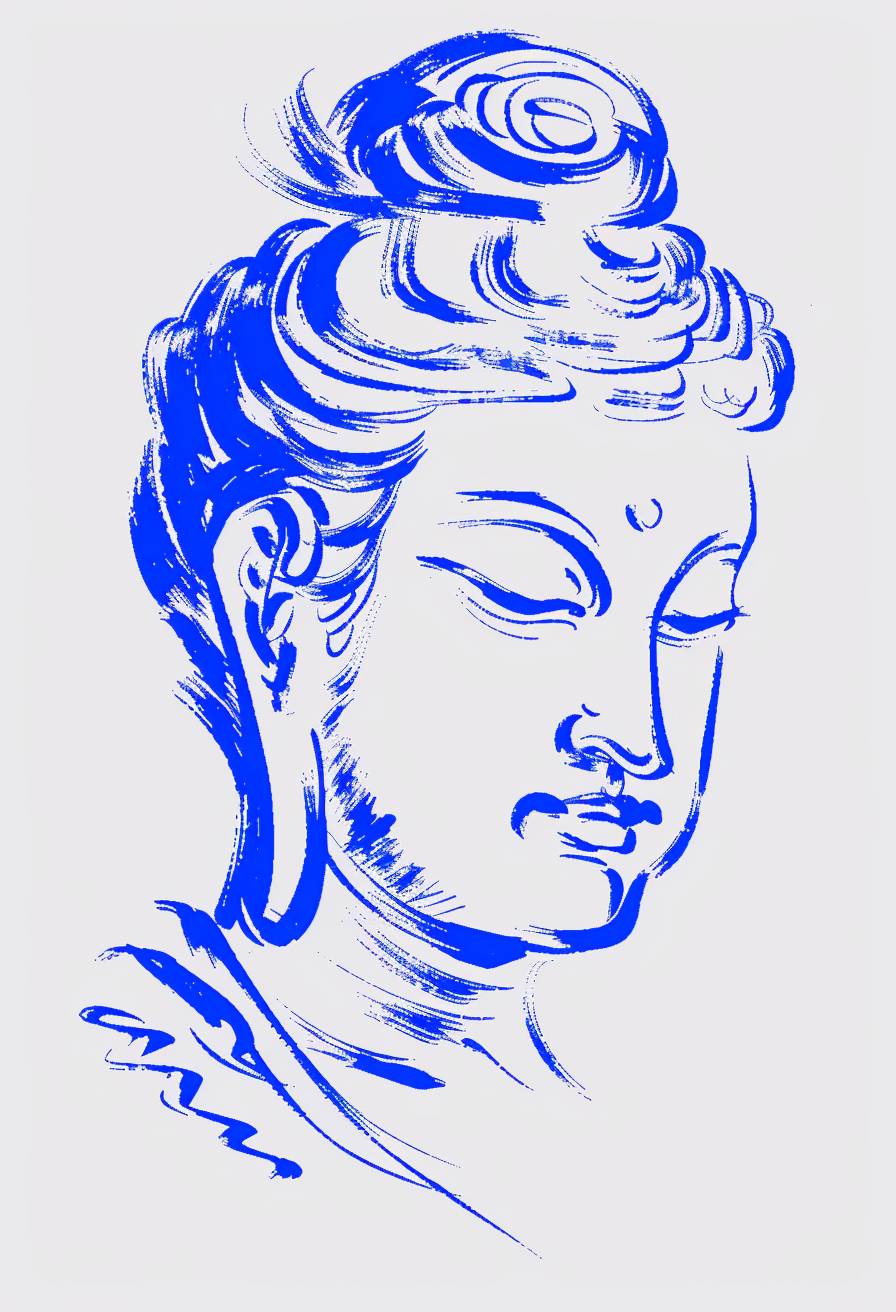 Simple line drawing of a Buddha in blue and white, simple line art in the style of minimalism, clipart on a light grey background