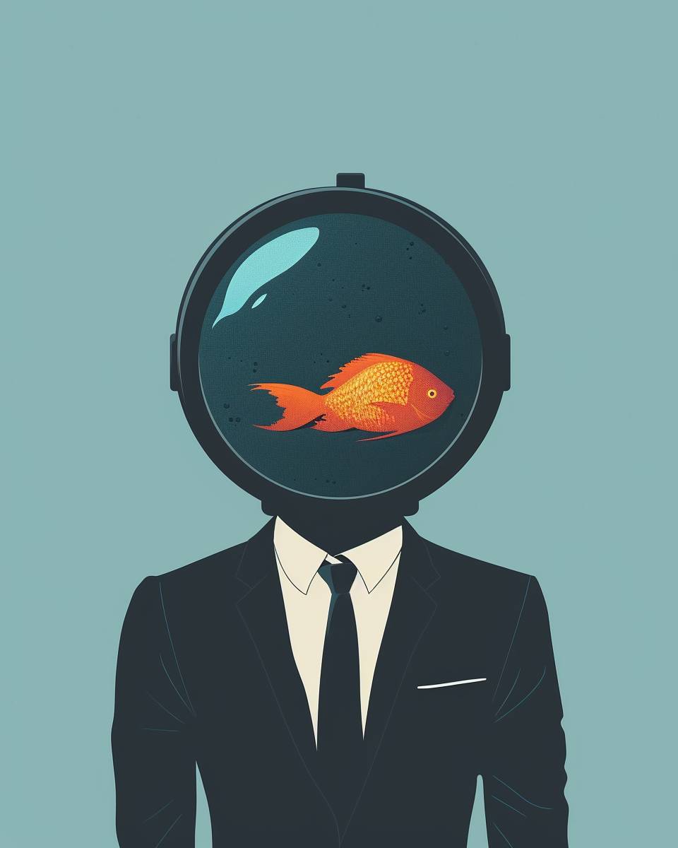 A cartoon of a man dressed in a suit and tie with a diver's helmet with an orange fish inside, pastel blue background, simple lines, minimalistic style, vector art, no shadows, no gradients, low detail, low resolution, low contrast, digital illustration, in the style of James Gilleard.