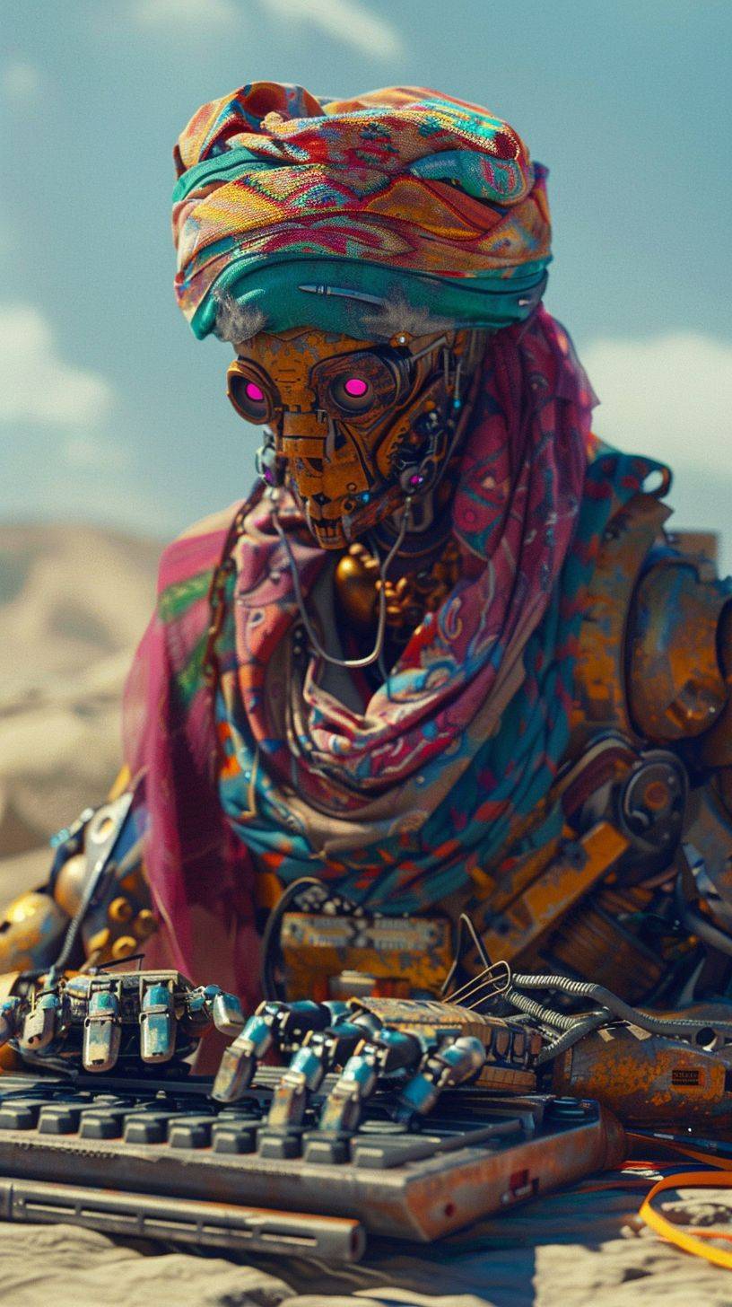 Rusty robot wearing colorful turban and Arabian clothing in the middle of a desert journey, typing on the keyboard and programming