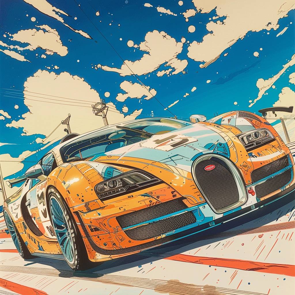 A detailed technical drawing of the Bugatti Veyron with race car livery, on a white paper background, blue sky, pastel colors, in the style of Katsuhiro Otomo and Jean Giraud, ultra detailed, wide angle shot.