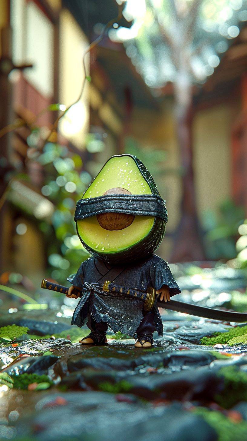 An avocado dressed as a ninja. Digital art.