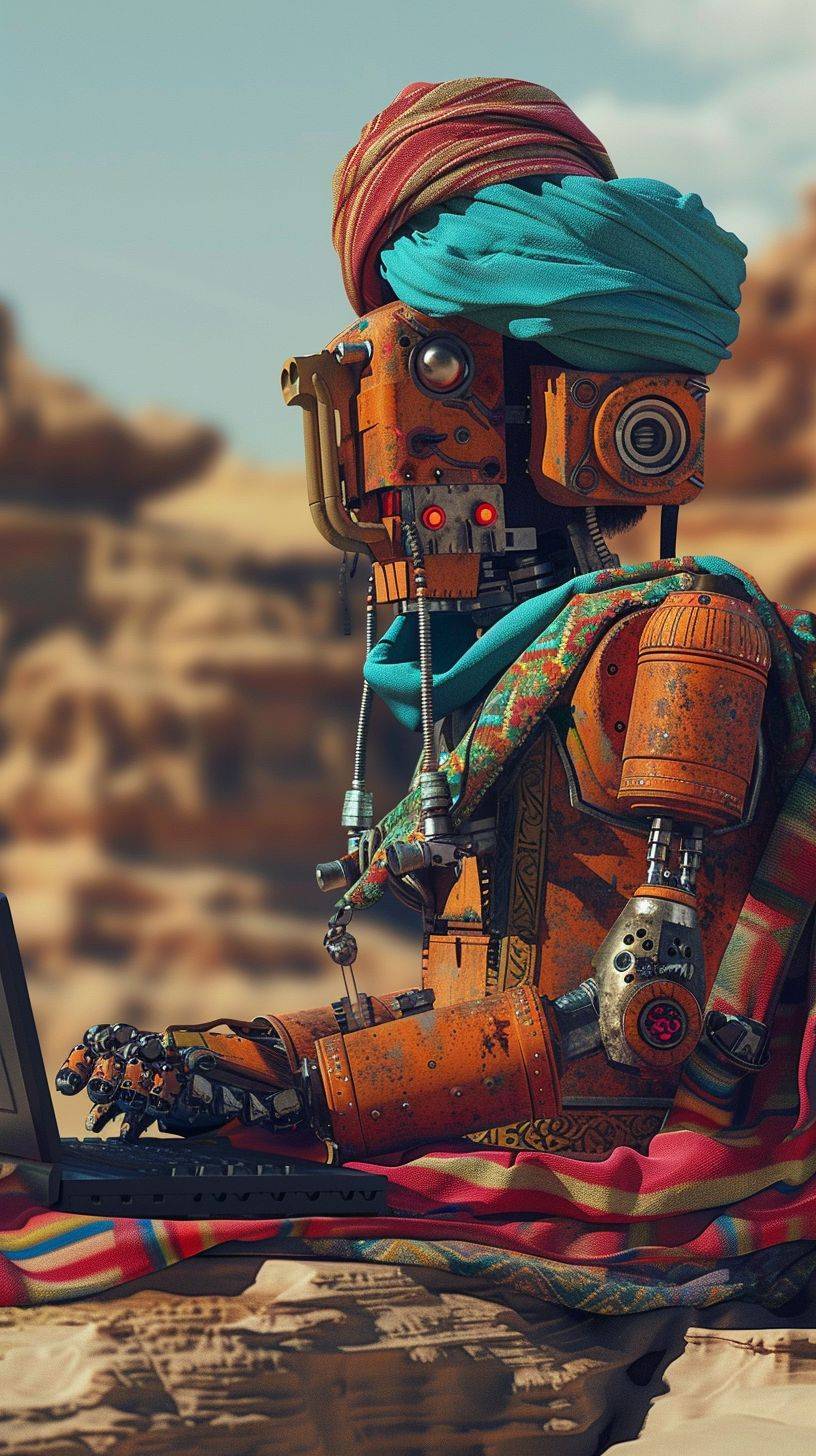 Rusty robot wearing colorful turban and Arabian clothing in the middle of a desert journey, typing on the keyboard and programming