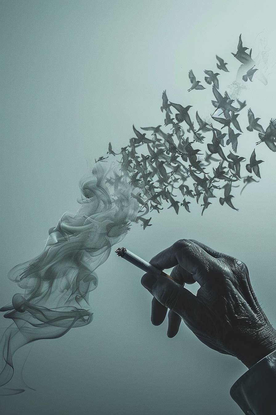 巨大なタバコが鳥の群れに変わり、それを握ろうとする手から飛び去る様子を表現した画像を作成します。これは煙草の中毒からの解放と幻想からの自由を象徴しています。