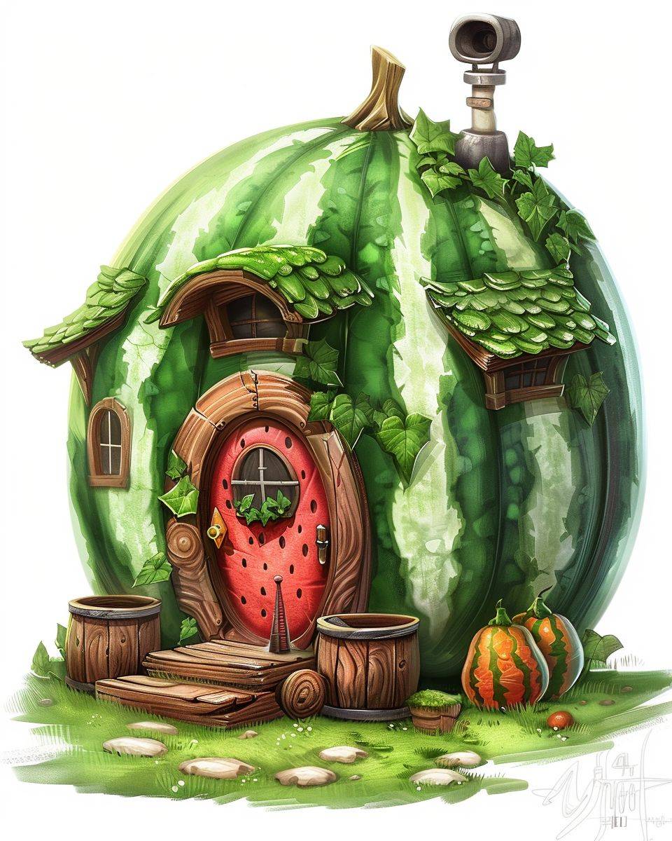 A cute little house made of a watermelon, in the fantasy art style, in the style of a cartoon game design, on a white background, with high resolution, highly detailed, hyperrealistic details, in a hyperrealistic style, in the hyperrealism style, as a digital painting, concept art, artstation style.