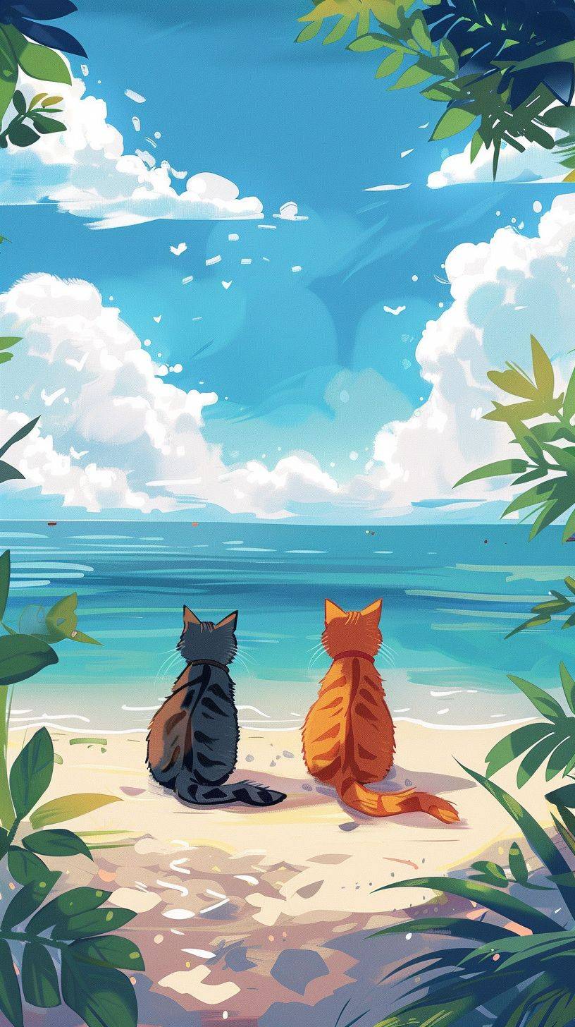 A cartoon beach scene depicts two cats sitting on the shore, overlooking calm waters and distant clouds under a clear blue sky. The background features sandy beaches and greenery rendered in soft pastel colors. A minimalist style highlights the simple lines of the cute characters against the tranquil backdrop of sea and sky in the style of a minimalist artist.