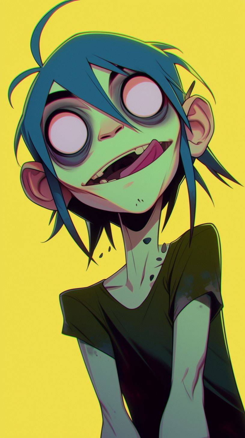 High resolution, high quality, detailed skin texture, 2D animated Gorillaz character with eyes wide open in surprise or curiosity, in the style of Akira Toriyama, retro anime style, detailed full body shot, best of cute, vibrant colors.