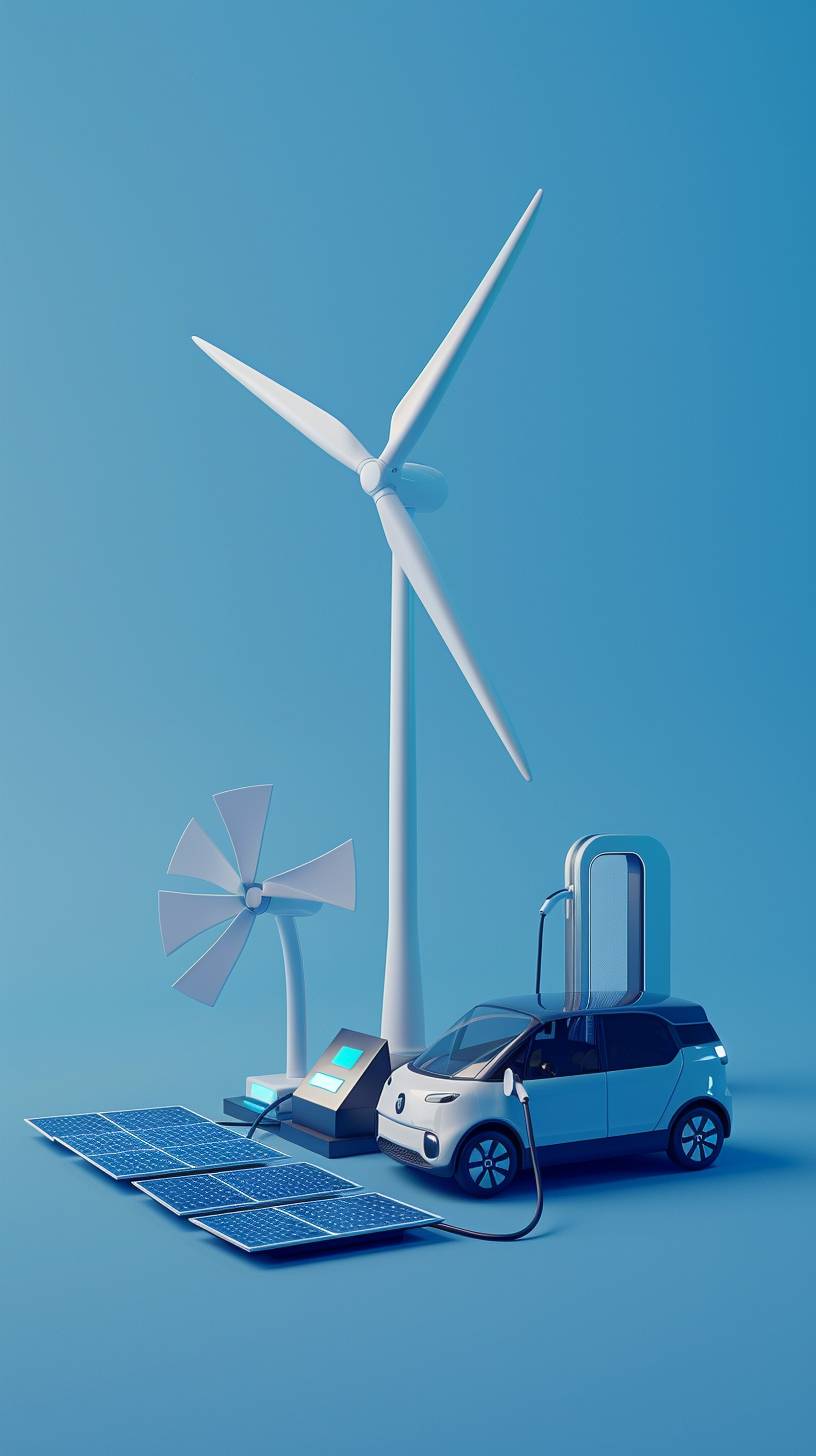 3D立体、シンプル、ミニマリスト、テクノロジー、優れた品質、テクノロジー産業、新エネルギー車、充電スタンド、太陽光発電、風力発電、水素エネルギー、青い背景、環境保護