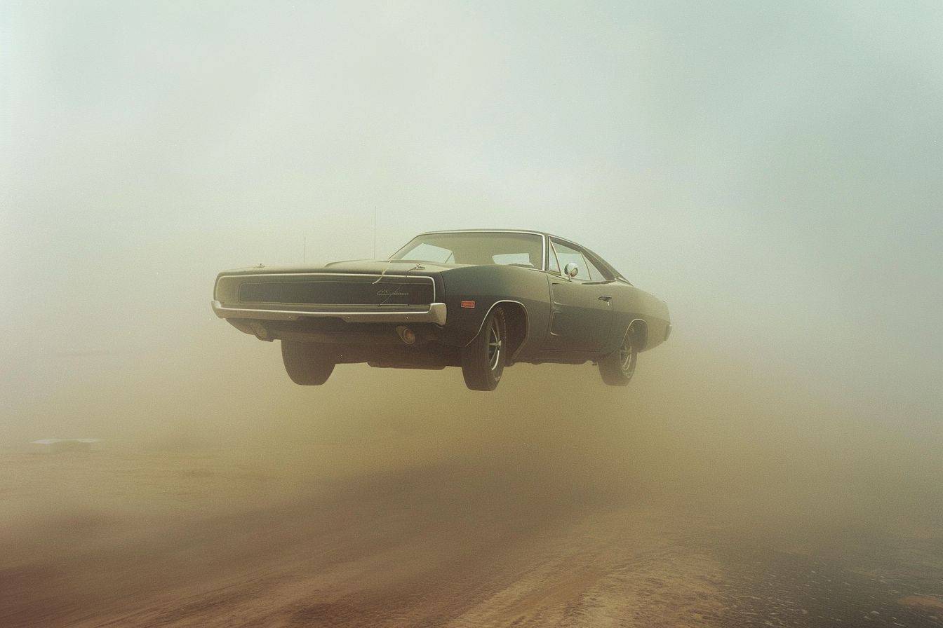 Fine art photography invites you to peer through the hazy air, where a 1970s photograph catches your eye. In this image, a vintage muscle car floats in the air. The only object is the car. The background is void of anything, just haze, enhancing the sense of isolation and mystery. The scene is characterized by a heavy metal aesthetic, atmospheric, minimalism, and modern surrealism --ar 3:2