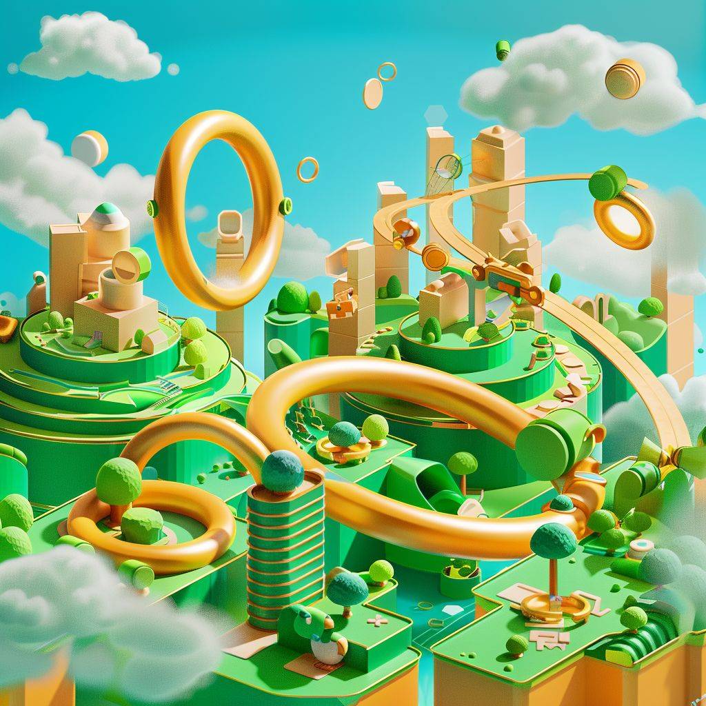 3D isometric illustration of Sonic's Green Hill Zone, with loop-de-loops and rings, game design, cute cartoon, sky blue background, green and gold color palette, bright soft lighting, soft shadows, vibrant colors, high resolution