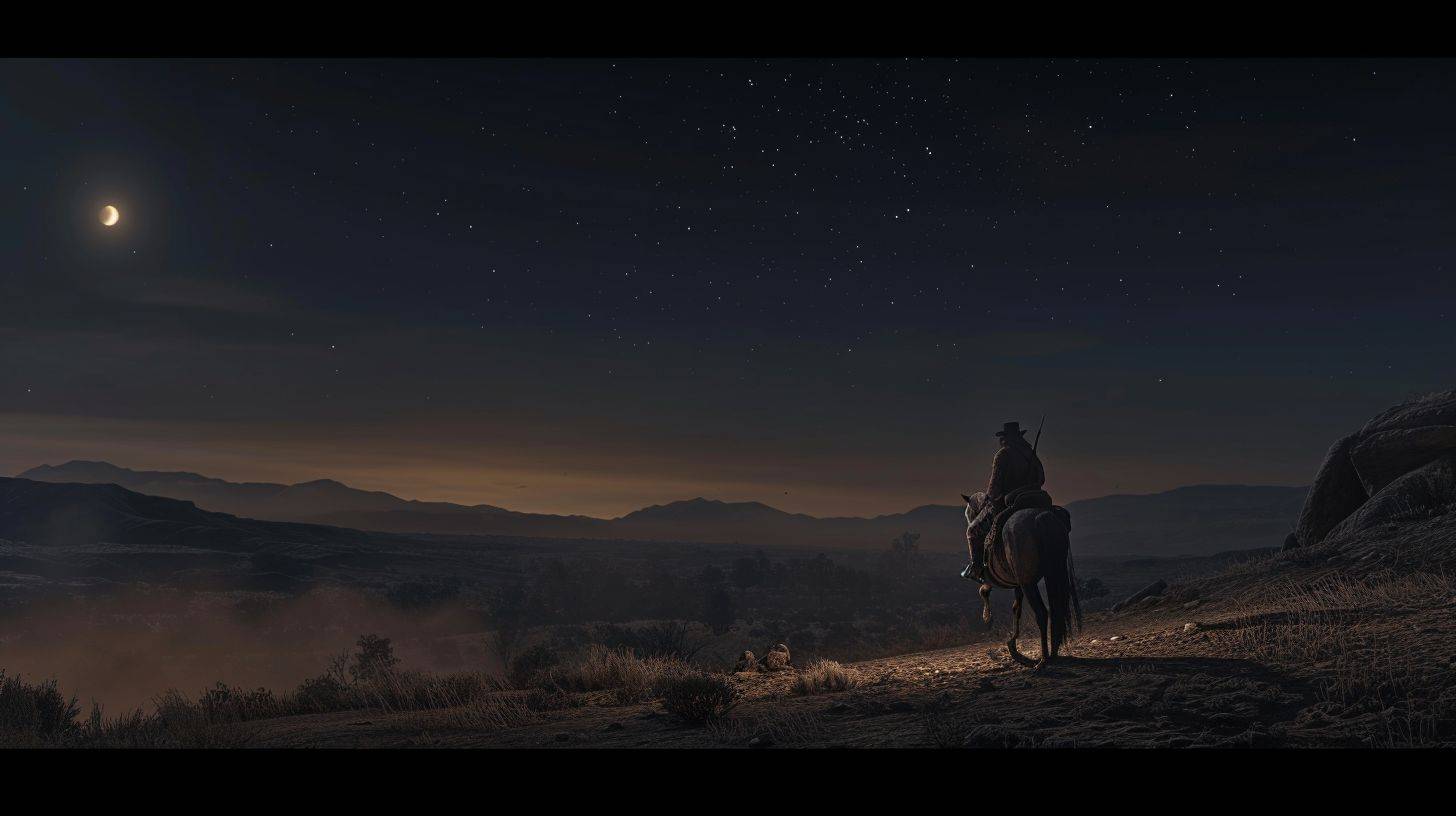 A cinematic, full-plan image of Arthur Morgan in Red Dead Redemption 1, Far West during the night. The character is wearing a cowboy hat, standing with determination, and pulling up a double-barrel shotgun sitting on a horse, in an empty, nocturnal western landscape.