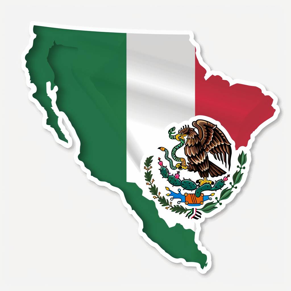 [Mexican flag sticker in the shape of Mexico, white background]::7 [detailed matte finish, hyper realistic logo]::3