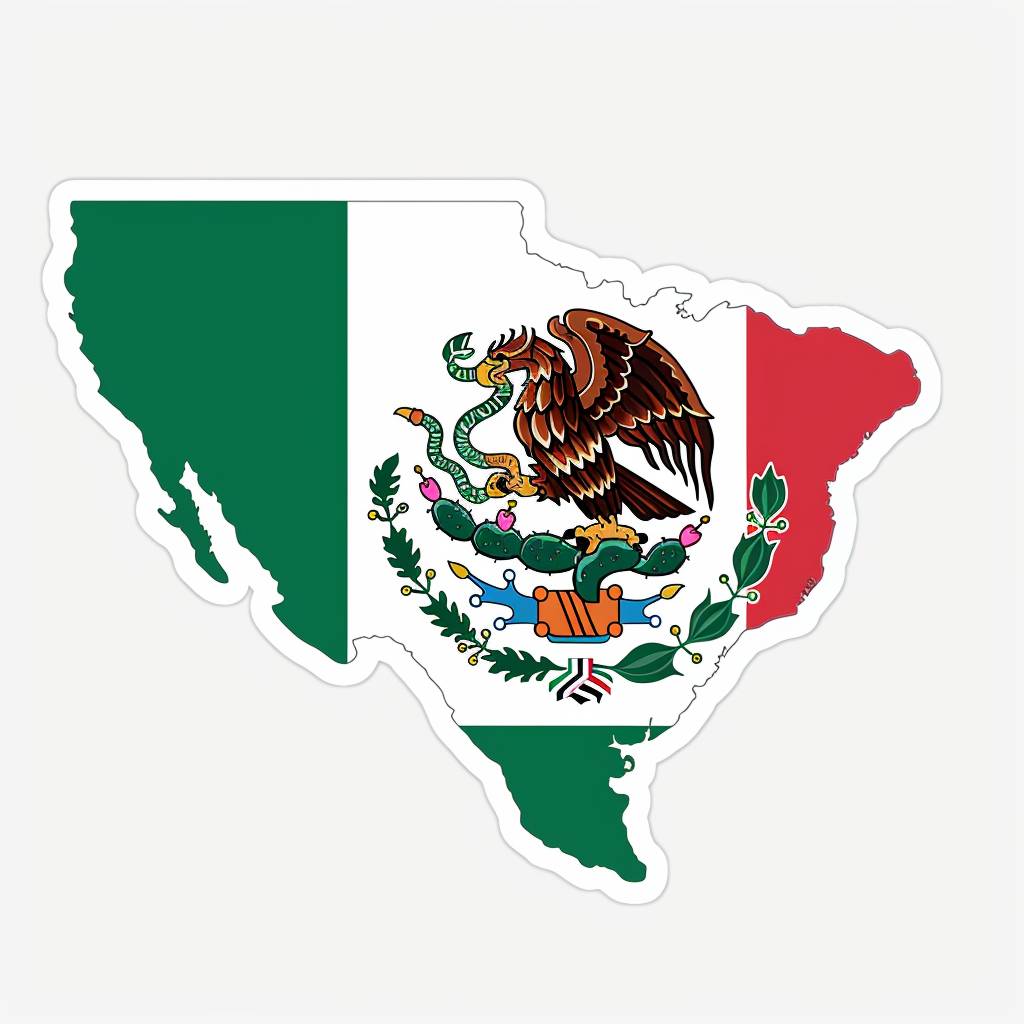 [Mexican flag sticker in the shape of Mexico, white background]::7 [detailed matte finish, hyper realistic logo]::3