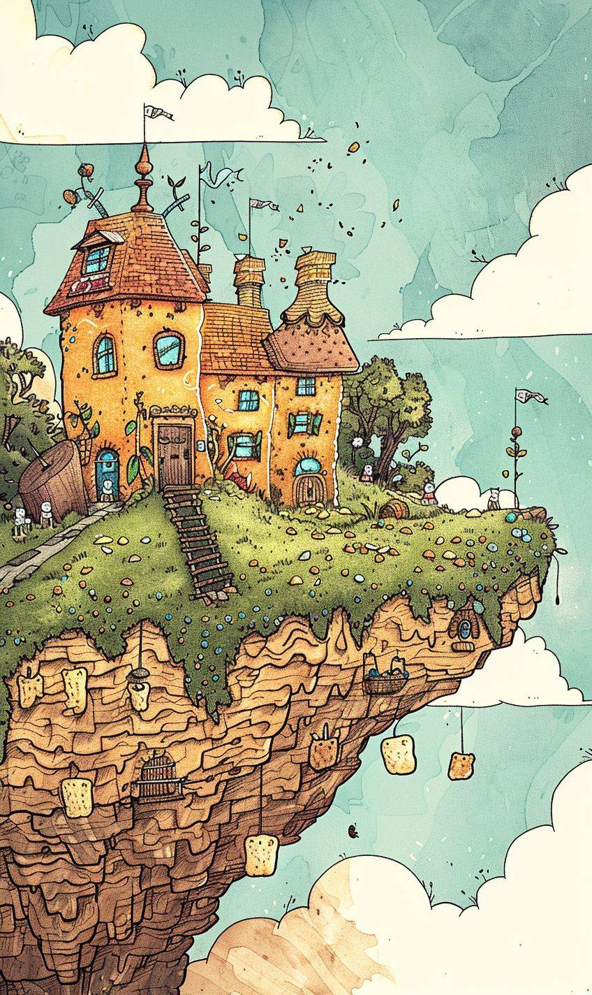 Illustration in Liniers' style of a small world called Crumbland, where everything is made of bread crumbs. We see fantastical landscapes with houses made of crispy crusts and adorable creatures made of bread crumbs --ar 3:5