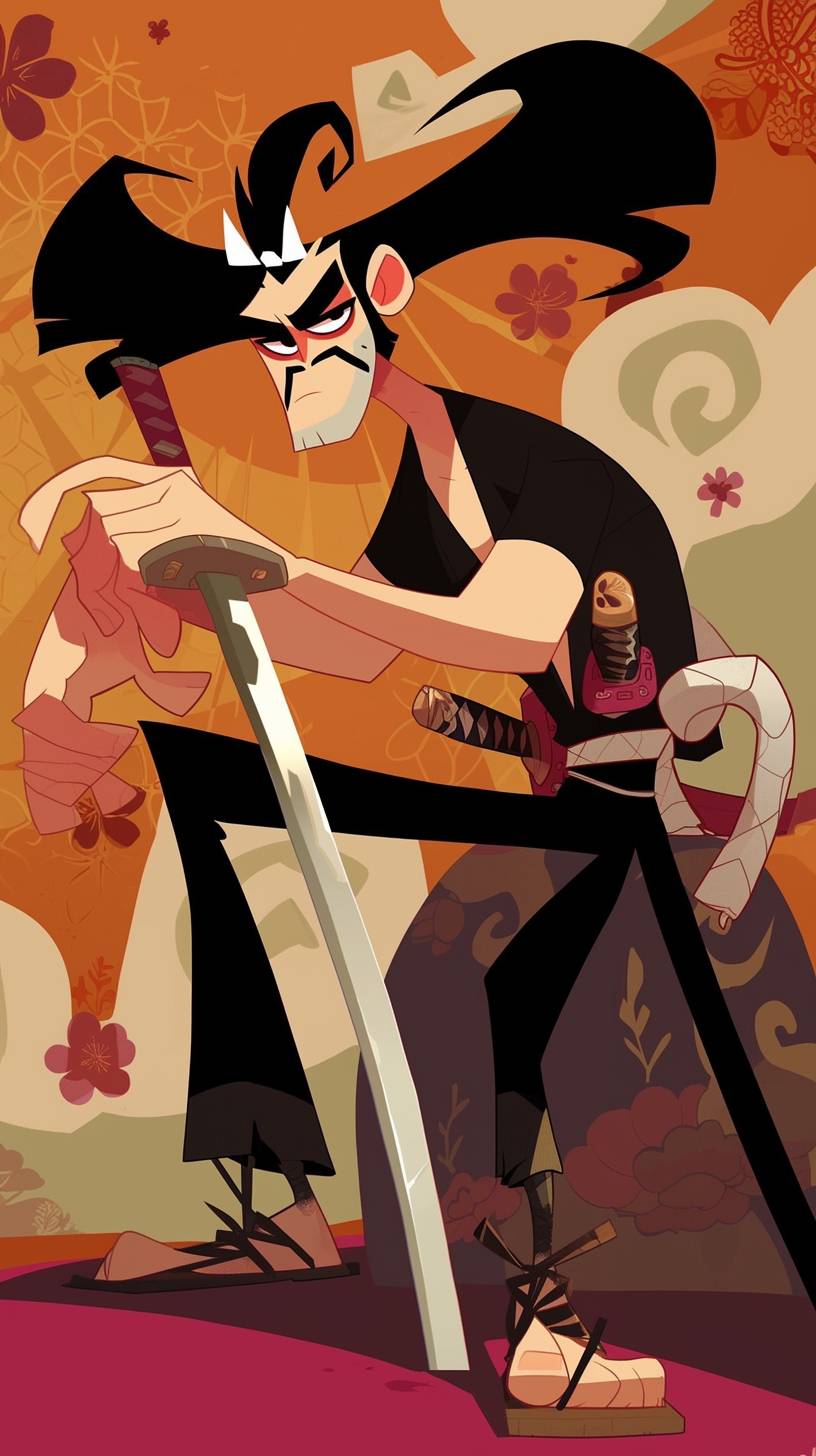 [Choose your character], in the style of Samurai Jack by Genndy Tartakovsky, 2D animation style --ar 9:16 --style raw --niji 6