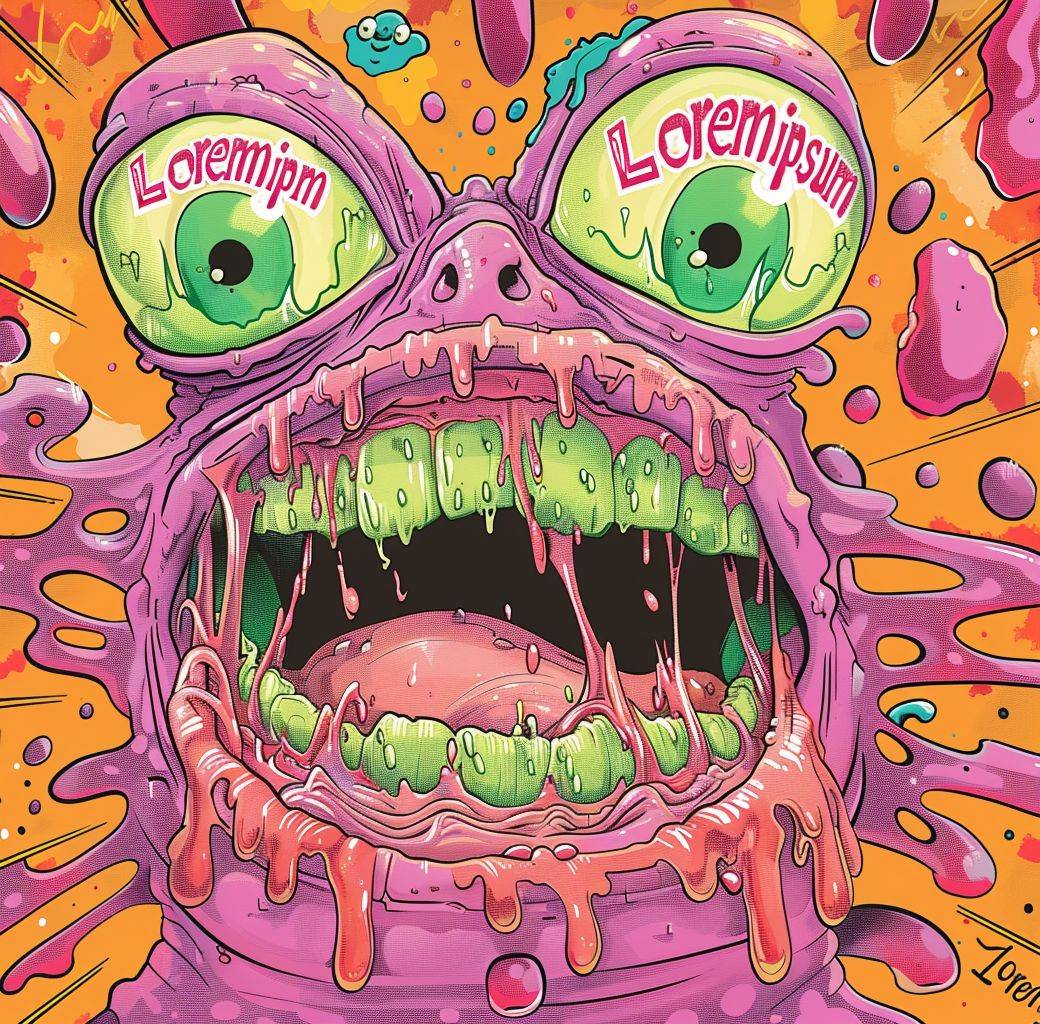 A cartoon drawing of an illustration in the style of Peter Bagge, depicting a melting monster with three eyes and pink lipstick on its lips, with text 'Loremipsum' written around it in a fun font. The background is pink and orange with small green patterns and lines, giving a vibrant and playful vibe to the overall design. A cartoon monster with green eyes, pink skin, and slime dripping from its mouth is on the cover of an album in pastel colors, with text 'Lorem' and 'dolorum' written around it. The background has colorful patterns. In the style of pop art and comic book art. The illustration features bright colors, flat shapes, and bold outlines.