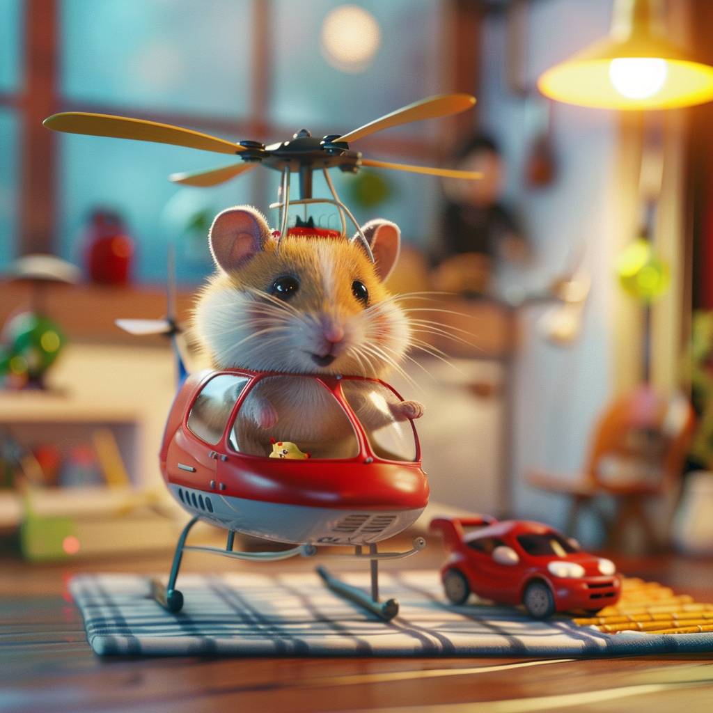 3D rendering of a hamster piloting a miniature helicopter made of household items, in the style of inventive cartoon, focused eyes, bright indoor lighting, playful atmosphere, high resolution, high detail, motion blur, colorful environment.