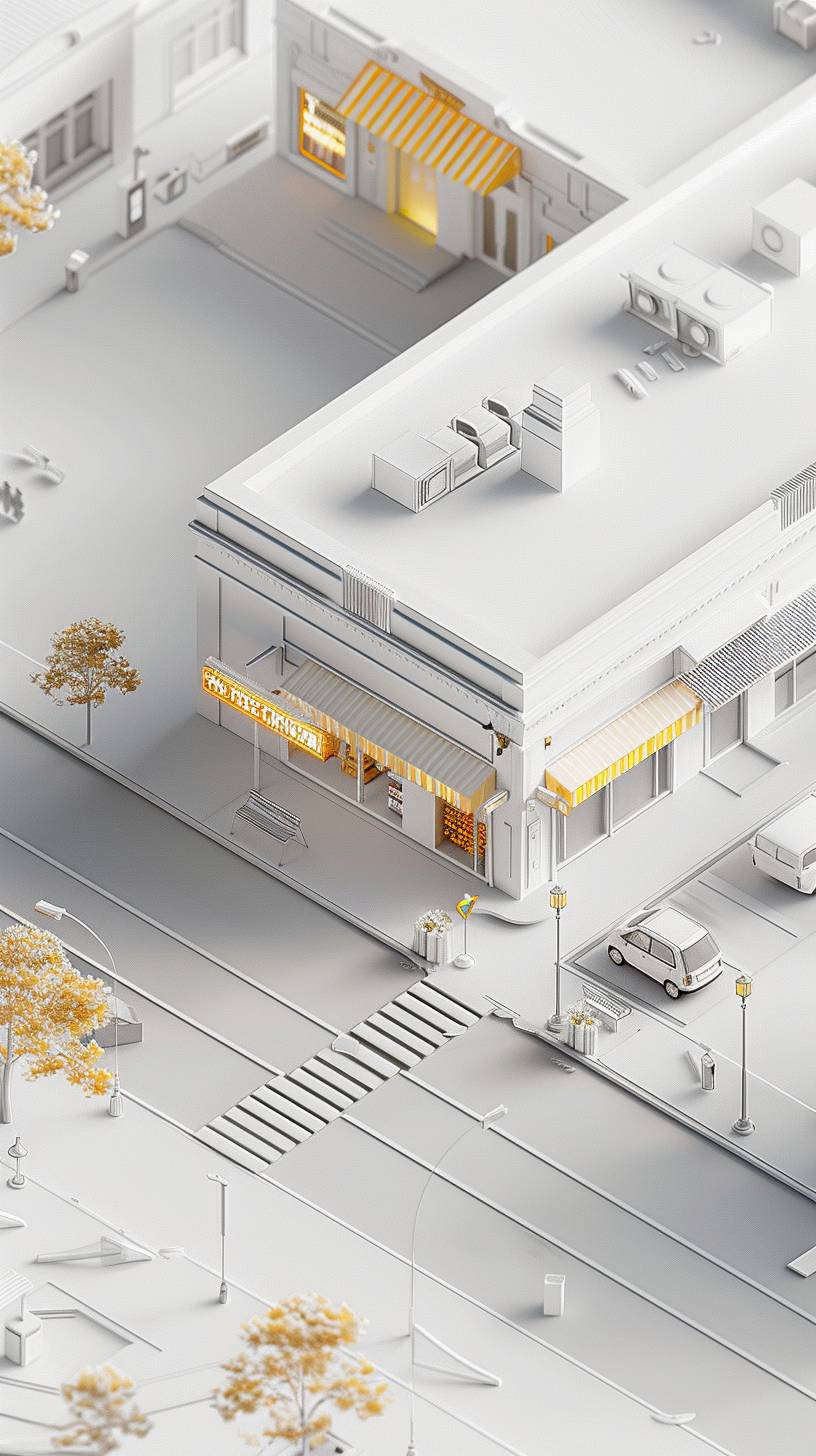 Real isometric 3D render in morning with global illumination of a store building, no colors only white with ambient occlusion and yellow lamps