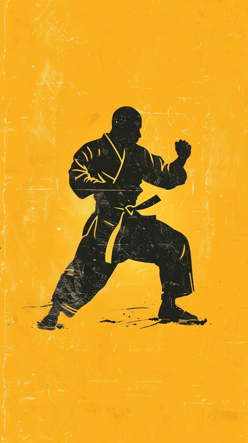 Set against a solid yellow background, at its center, the silhouette of a 1970s-era Black martial artist.