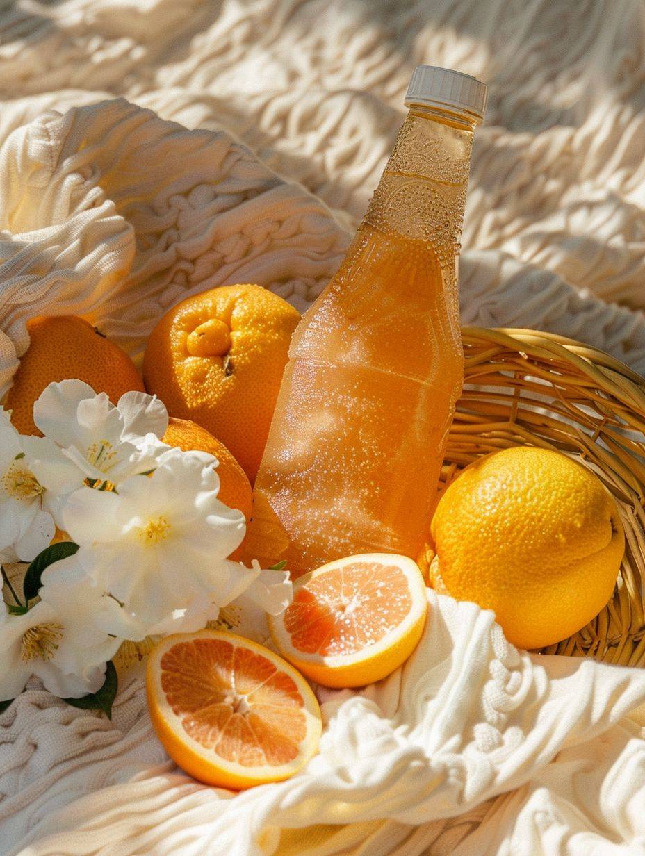Commercial photography. Close up image of a juice bottle, an orange grapefruit juice bottle, font texture, cut oranges, white gardenia flowers, all piled up in a yellow woven basket, with a white blanket underneath. Outdoor scene, warm sunlight, natural light, overhead angle shotting, close-up, overall warm color tone, realistic, clear.