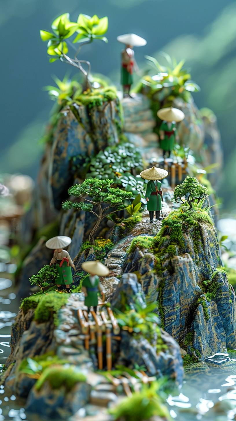 Tilt shift photography of farmers working in the rice fields, with green grassland and mountains as a background, miniatures, cute cartoon design style, simple, high resolution, octane rendering, 3D rendering, renderings, small people standing on an island made of bamboo sticks with water inside, Asian ancient style, light emerald color, Tindar effect, natural lighting, depth of field in the style of Asian miniature scenes. HD 8K