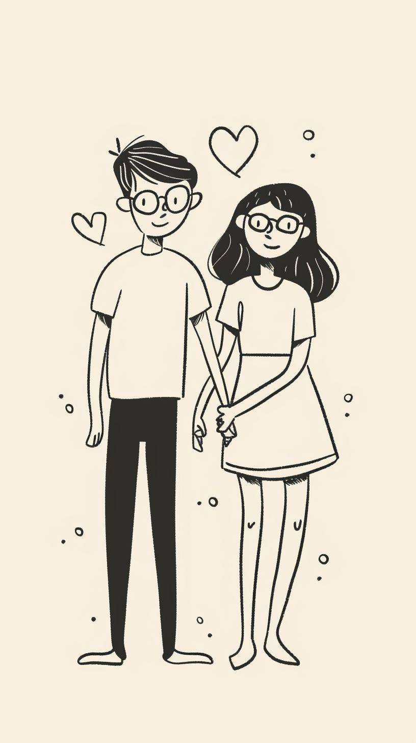 Hand-drawn simple line illustration of a couple. The man is short, and the woman is tall. They hold hands and smile. The man has short dark hair and glasses. The woman has long blonde hair, cute, adorable, and minimalistic.