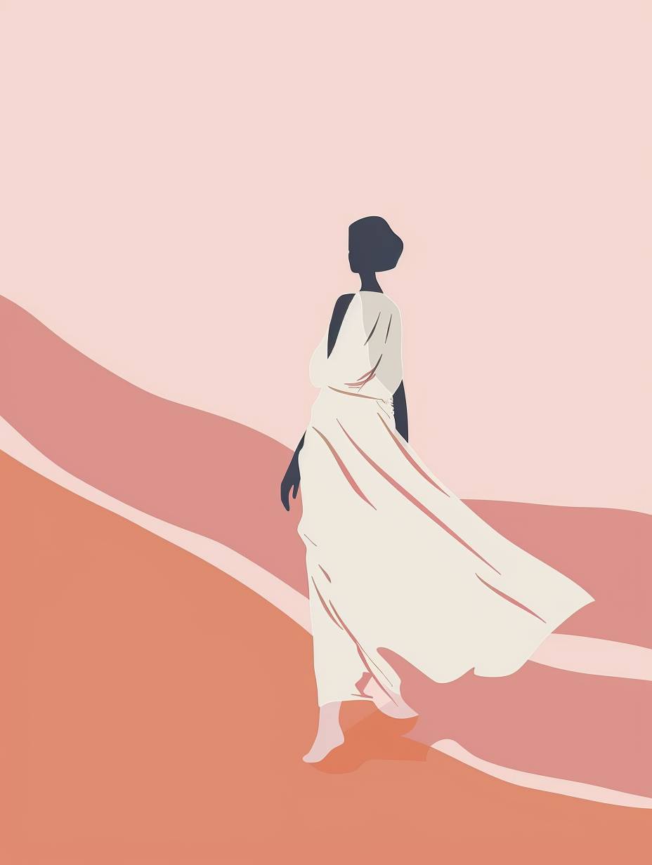 Fashion style woman, minimal vector illustration, 3 color combination, soft pink background, simple poster design