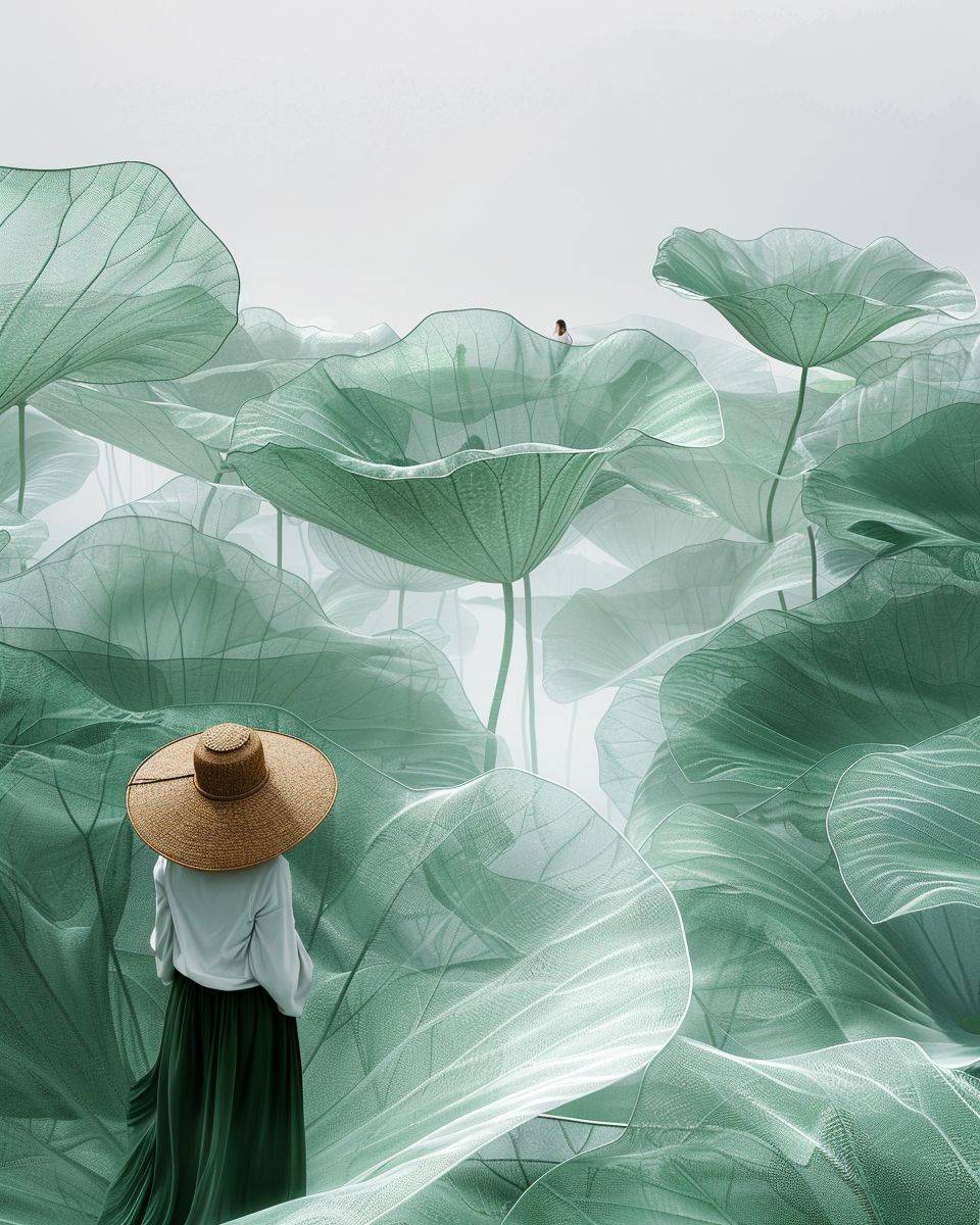 A person wearing a straw hat among lotus leaves, with people in the distance, large gauze mesh lotus leaves, interior installation art, Surrealist style, minimalism, white and green color scheme, clean background, ultra-high detail, 3D rendering