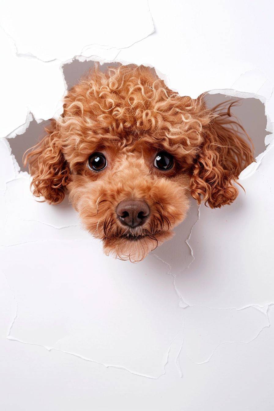 Cute Toy poodle sticking its head out of the hole in white paper, cute, adorable, cutout sticker style, isolated on plain white background, high resolution photo, professional photography, natural lighting