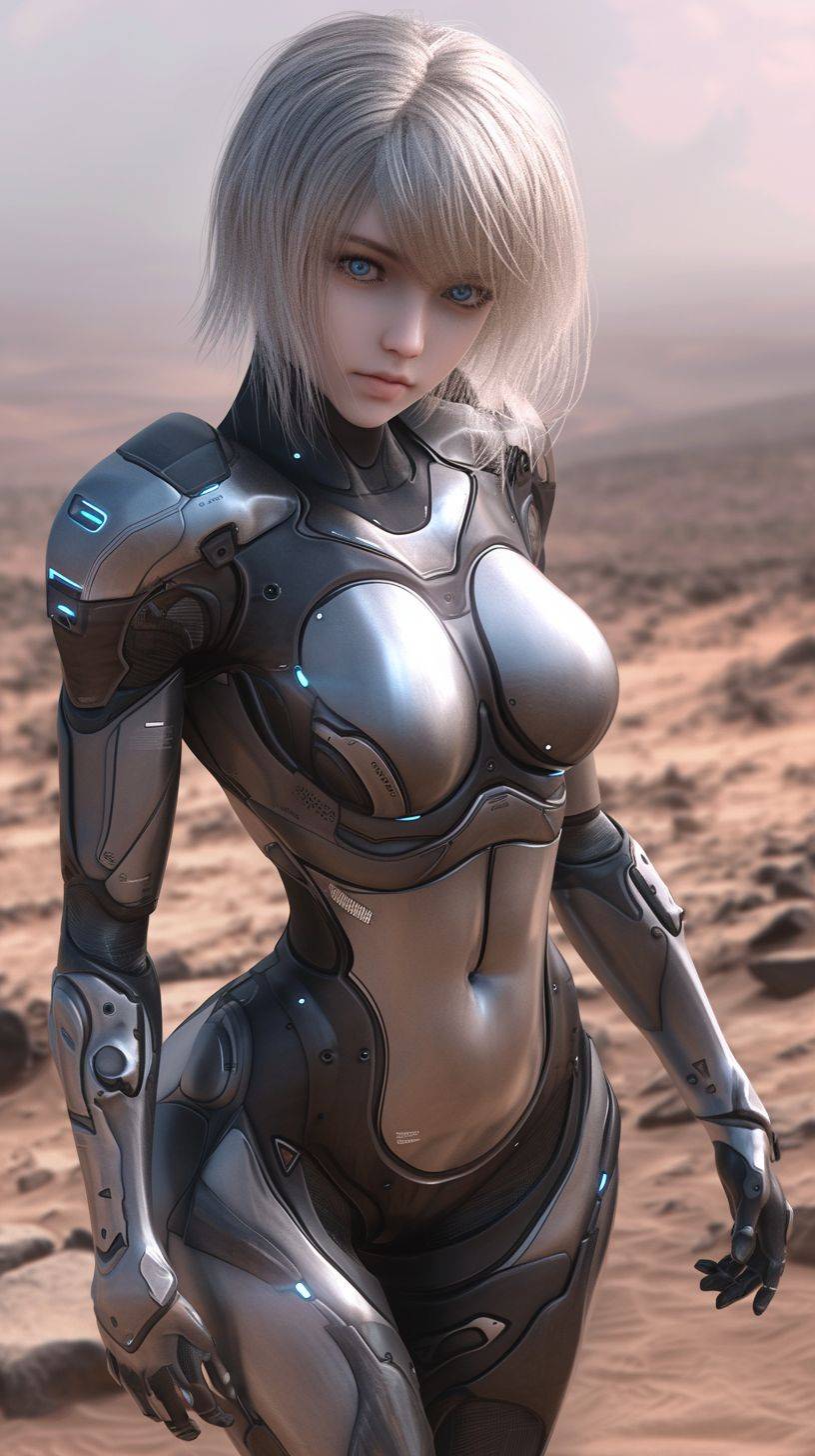 A beautiful anime girl with short silver hair and blue eyes stands in the city of Mars looking at me. She wears an advanced battle suit and her full body is visible. In the style of anime, with ultra detail, full color, high resolution, high detail, high quality, high definition, high sharpness, high contrast. It is a masterpiece with high dynamic range, appearing hyperrealistic, like photography or photorealism. The digital art uses octane render with volumetric light and a bright background. Cinematic lighting and vibrant colors give it a fantasy art style.