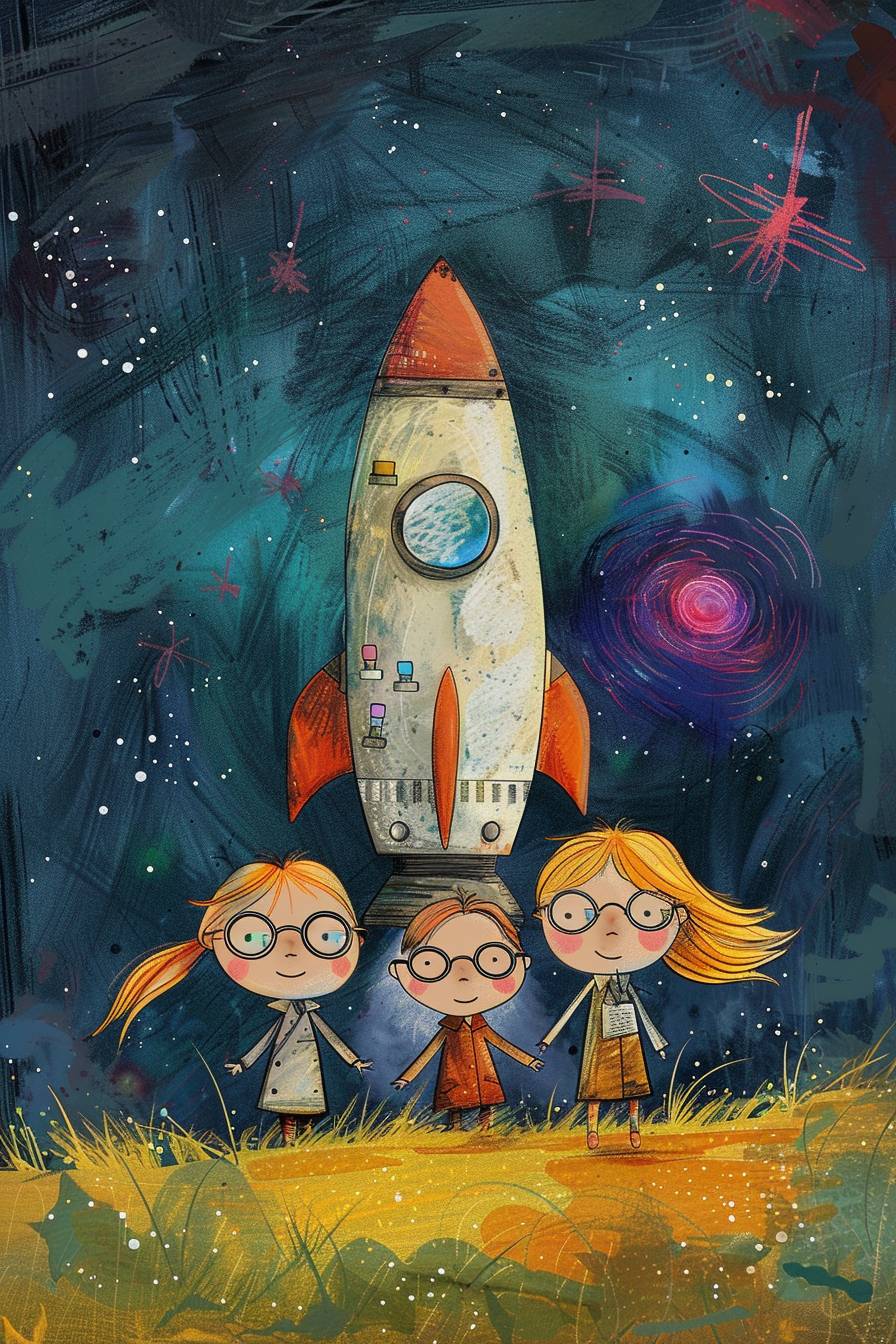 Illustrated children's storybook by Christopher Denise, three adorable blonde sisters, the oldest sister has black-rimmed glasses, the middle sister has a white lab coat, the youngest sister is a toddler with big cheeks, climbing into a homemade rocketship in a grassy field and looking up a blue sky that transitions to a black starry sky, a dramatic purple nebula is in the distance, minimalist art style, copy space, wide brush strokes, high contrast, vibrant colors