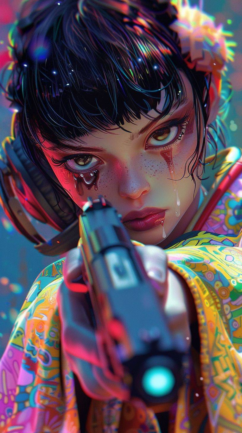 Japanese animation style, illustration style, bright colors, 16 year old girl, big sparkling eyes, zibli animation, with gun