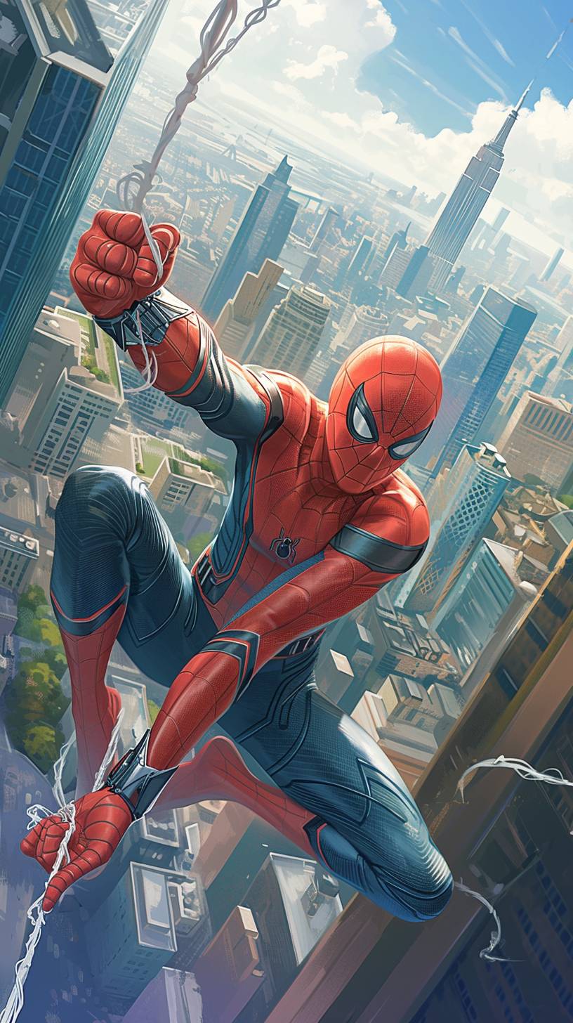 A vibrant illustration of SpiderMan swinging through the city, capturing his dynamic and iconic pose in full view. The background features tall buildings with clear skies above. This artwork is presented as an ultra-high definition image for detailed depiction, with intricate details on both the character's costume and urban environment. It has been created using digital art techniques to emphasize realism and texture, focusing on the face. The illustration is in the style of a realistic digital artist.