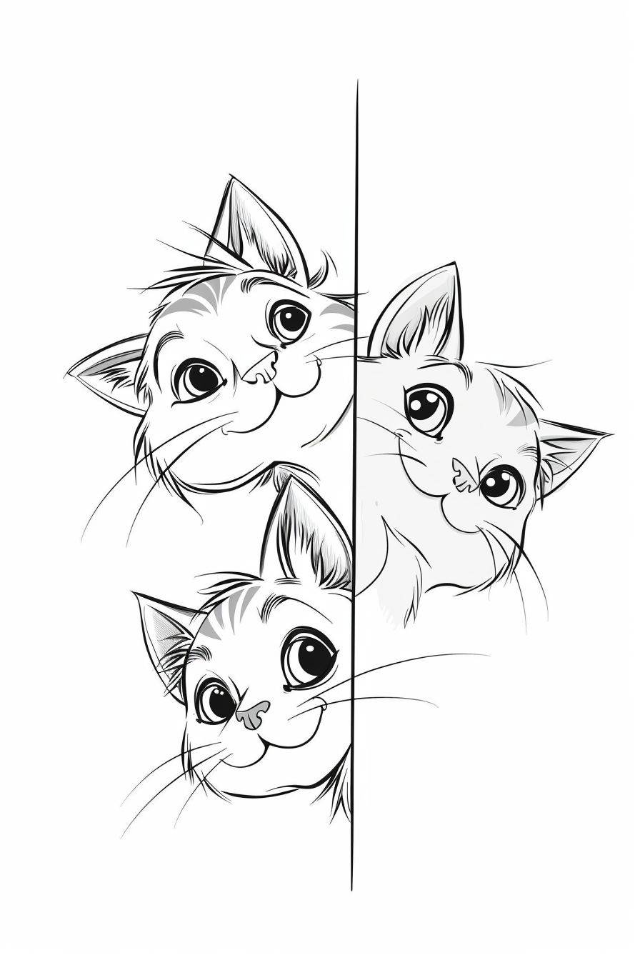 Simple lineart cartoon cats, looking out from around the corner of the wall on a white background --ar 2:3