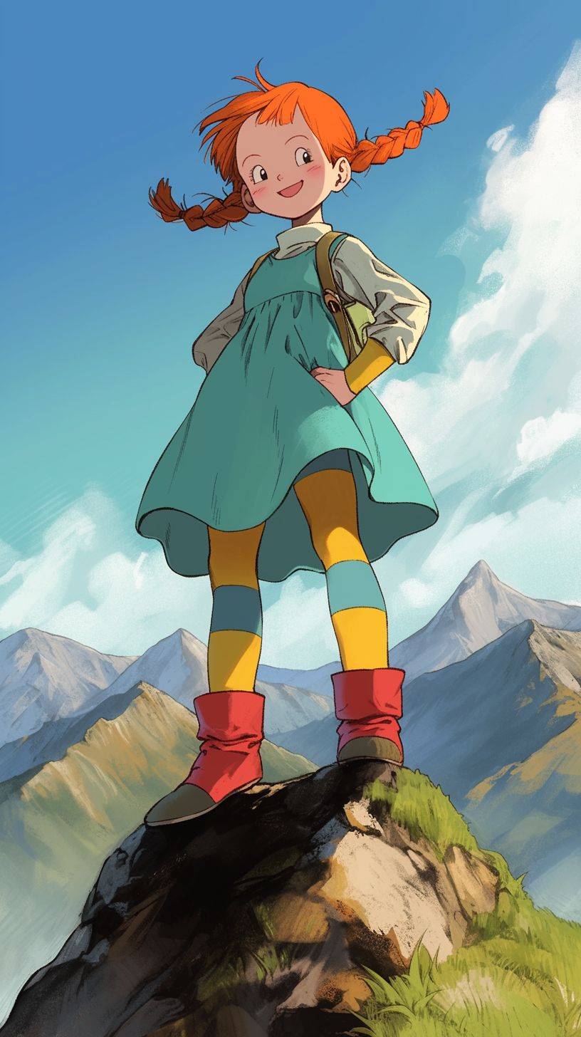 Pippi Longstocking with red hair in pigtails, wearing a blue dress and colorful tights, standing at the top of a mountain smiling, in the style of Akira Toriyama from Dragon Ball Z anime.