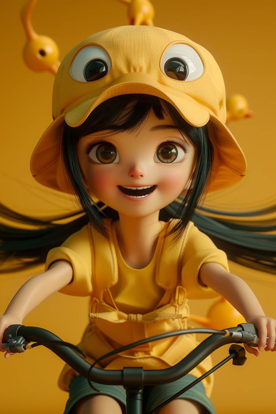 A girl wearing a duckbill hat riding a bicycle, full body, front view, happy, black hair, in a beautiful environment, in the style of light yellow and white, disney animation character, in the style of detailed character design, 3D, Q-version characters, octane render, c4d, blender, zbrush, 8K resolution