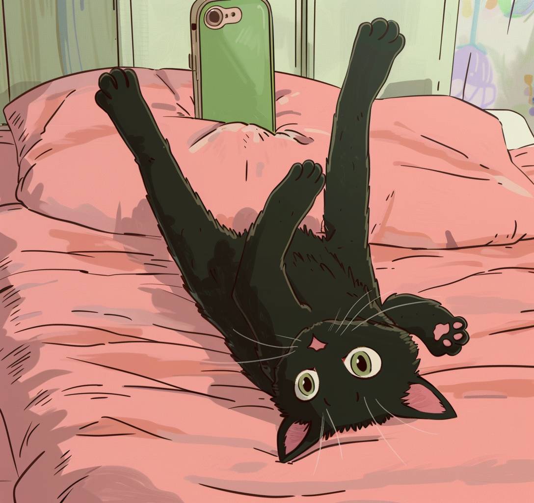 A black cat lies on the pink bed, its belly facing up with two paws raised and eyes wide open as if it is playing happily. The background features an old green cell phone placed upright at chest height, with a white wall in front of it. It has soft lines, simple colors, and hand-drawn style, rendered in the style of Studio Ghibli, designed for children's books.