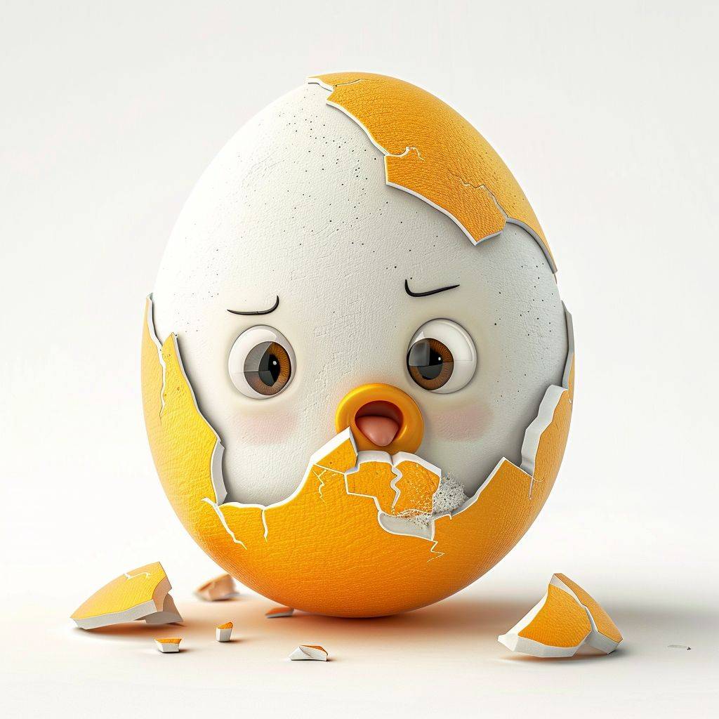 A cartoon egg broken from the middle by adorable baby [your character/object], realistic and hyper-detailed renderings, white background, studio lighting
