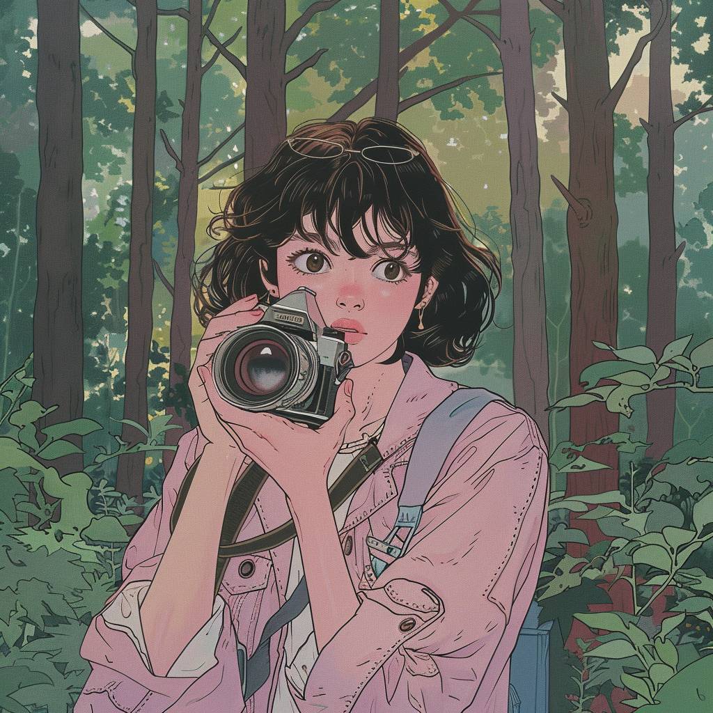 1980s anime, a photographer capturing wildlife in a lush forest, retro fashion, muted pastel colors, cozy atmosphere, detailed facial features