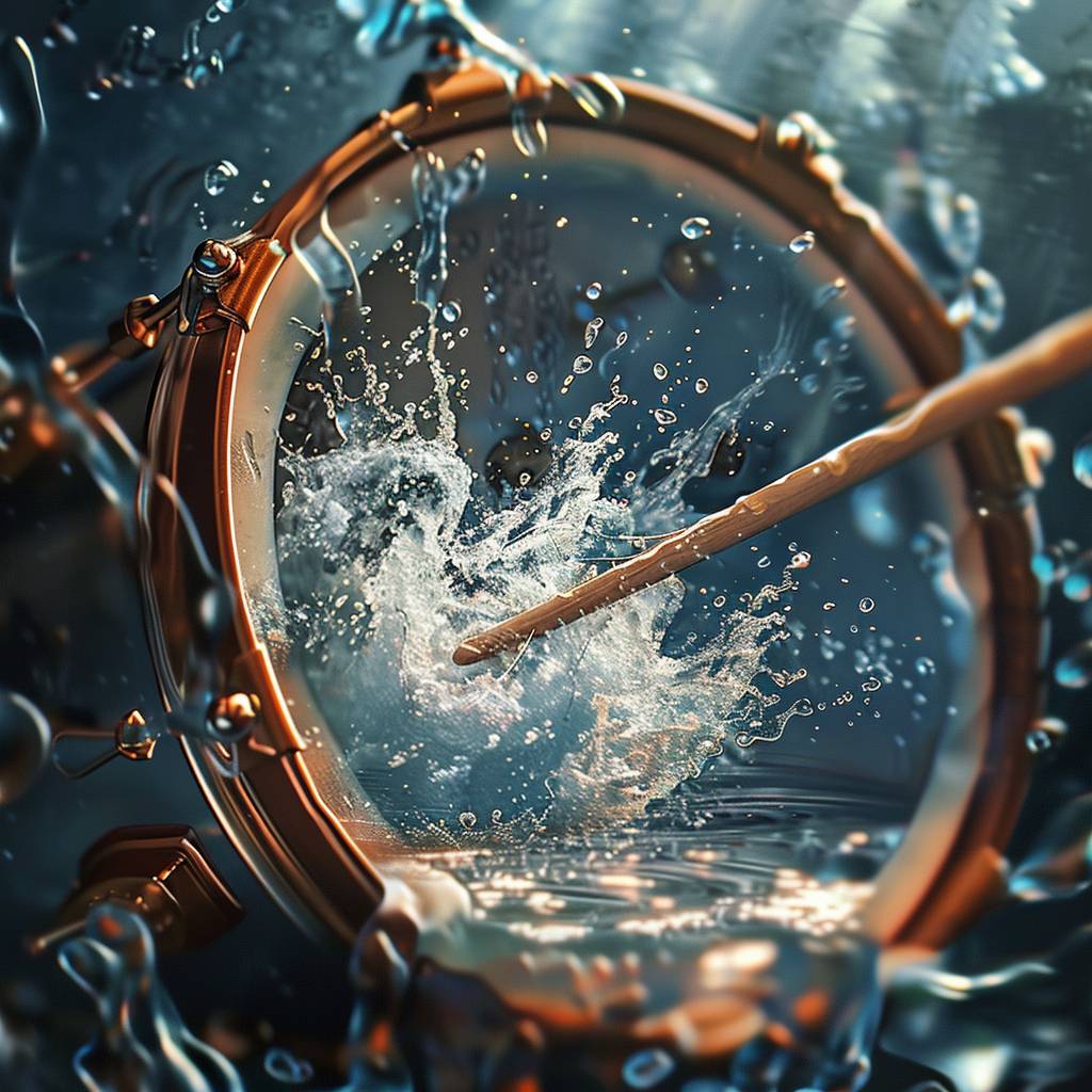 Realistic illustrations, the drumstick hits the frame and the drum bounces up water droplets